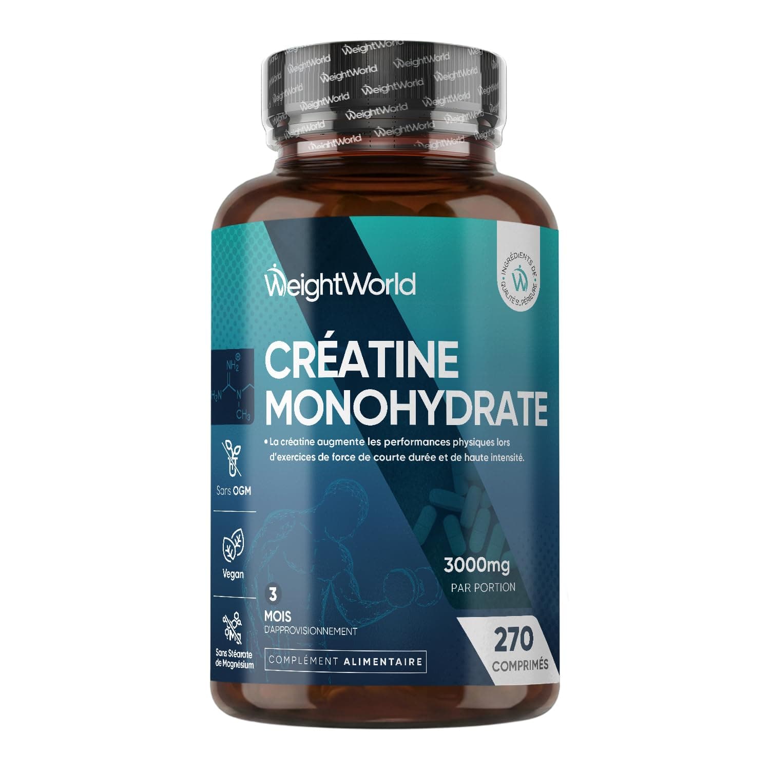 Creatine Monohydrate 270 comprimés Vegan, 3000mg par Portion, 3 Mois d'approvisionnement, sans OGM, sans Gluten ni Colorants ni Arômes Artificiels et sans Stéarate de Magnésium