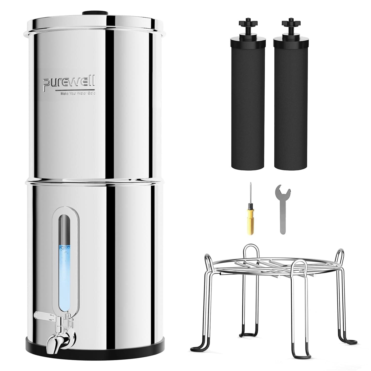 Purewell Filtre à Eau par Gravité 8,5L - Système de Filtration Familial avec Charbon Actif - Purificateur d'Eau pour Robinet et Eau de Pluie - Technologie Ultrafiltration - Grande Capacité