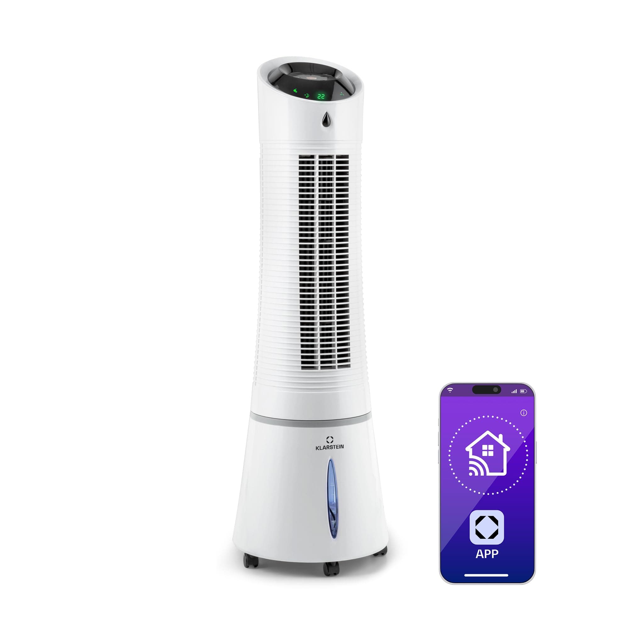 Klarstein rafraîchisseur d'air, ventilateur, humidificateur & ioniseur, Réservoir d'eau 6 L, oscillation, 30 W, 210 m³/h, minuterie, climatiseur mobile, blanc, smart