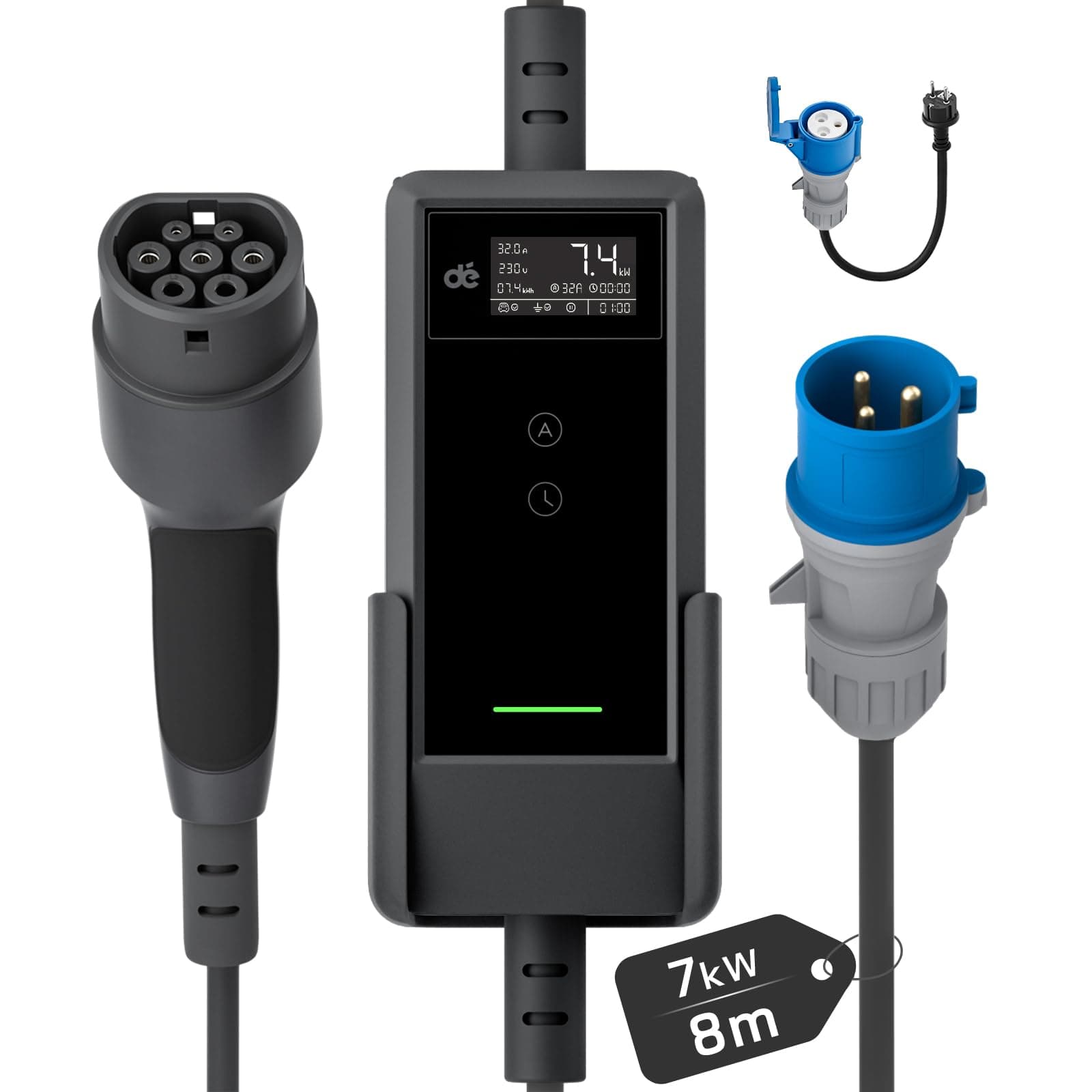 dé Chargeur Voiture Electrique P17 [7,4kW, 8m, 6A-32A, 1-Phase] Chargeur Voiture Electrique Type 2 32A P17, Type 2 Chargeur EV Prise CEE Compatible avec Model Y, E-208, 500e et Autres EV/PHEV