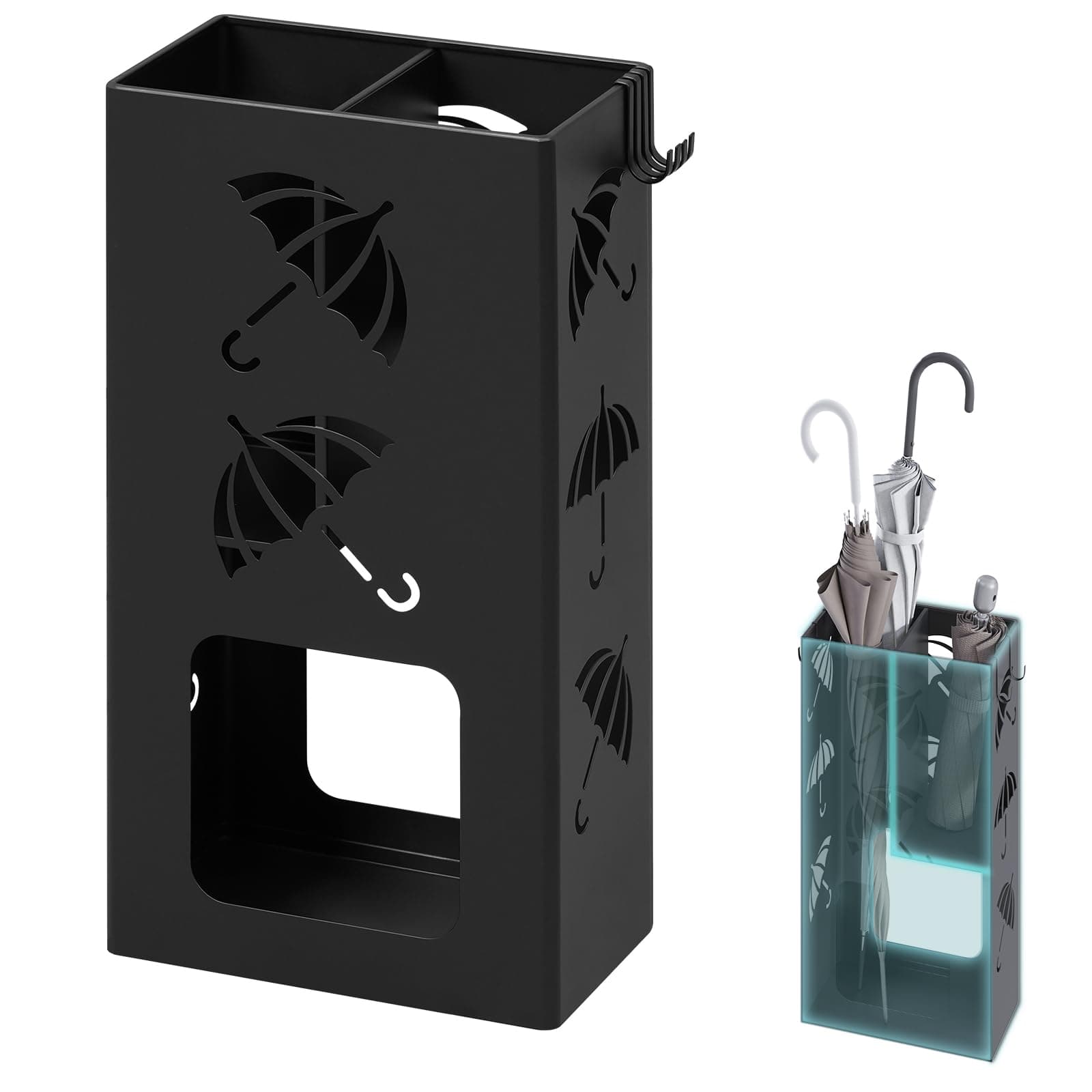 WOLTU Regenschirmständer 2 Slots, Schirmständer Regenschirm, mit 4 Haken, quadratischer Regenschirmhalter, für Eingangsbereich, 25x49x15 cm, aus Metall, Schwarz, SST16an