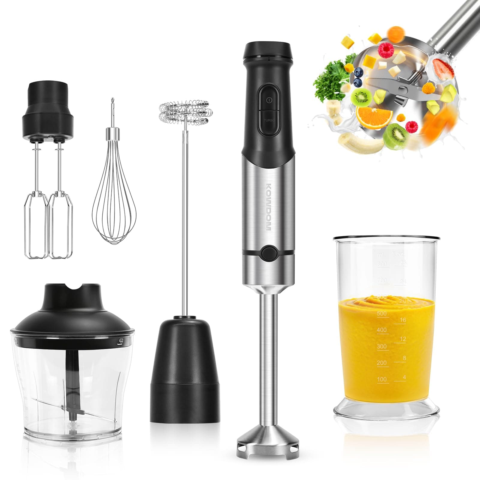 Batidora de Mano 1200W - 12 Velocidades + Turbo | Para Sopas, Purés Salsas y Batidos | Incluye Vaso Medidor 800ml, Picadora 600ml y Espumador de Leche | Acero Inoxidable | Fácil de Limpiar