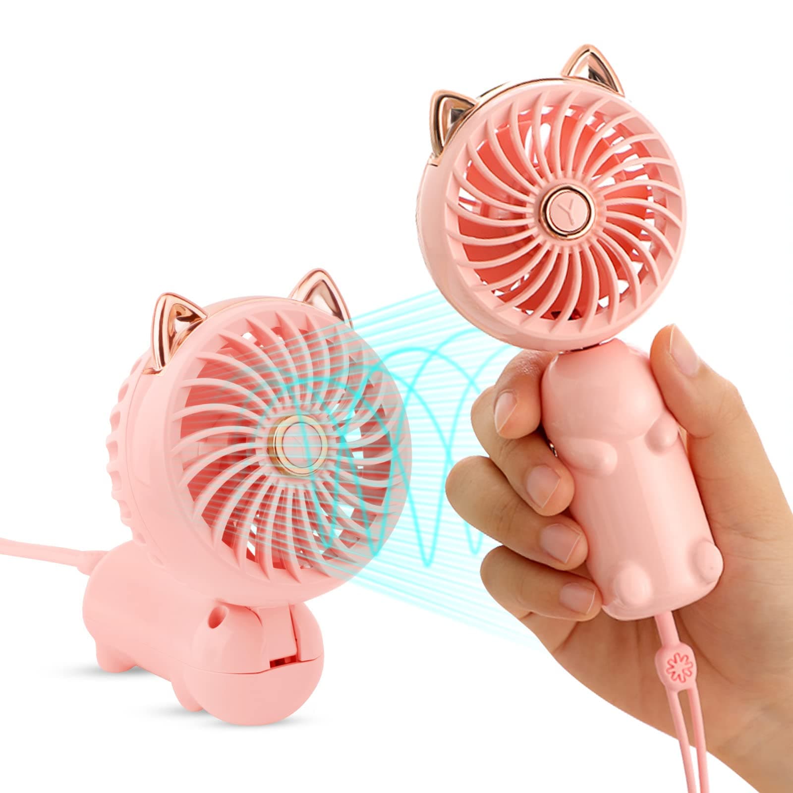 Mini ventilateur portable avec batterie rechargeable et 3 vitesses, électrique personnel mignon pour filles/femmes/enfants en plein air, pliable pour bureau/table/chambre