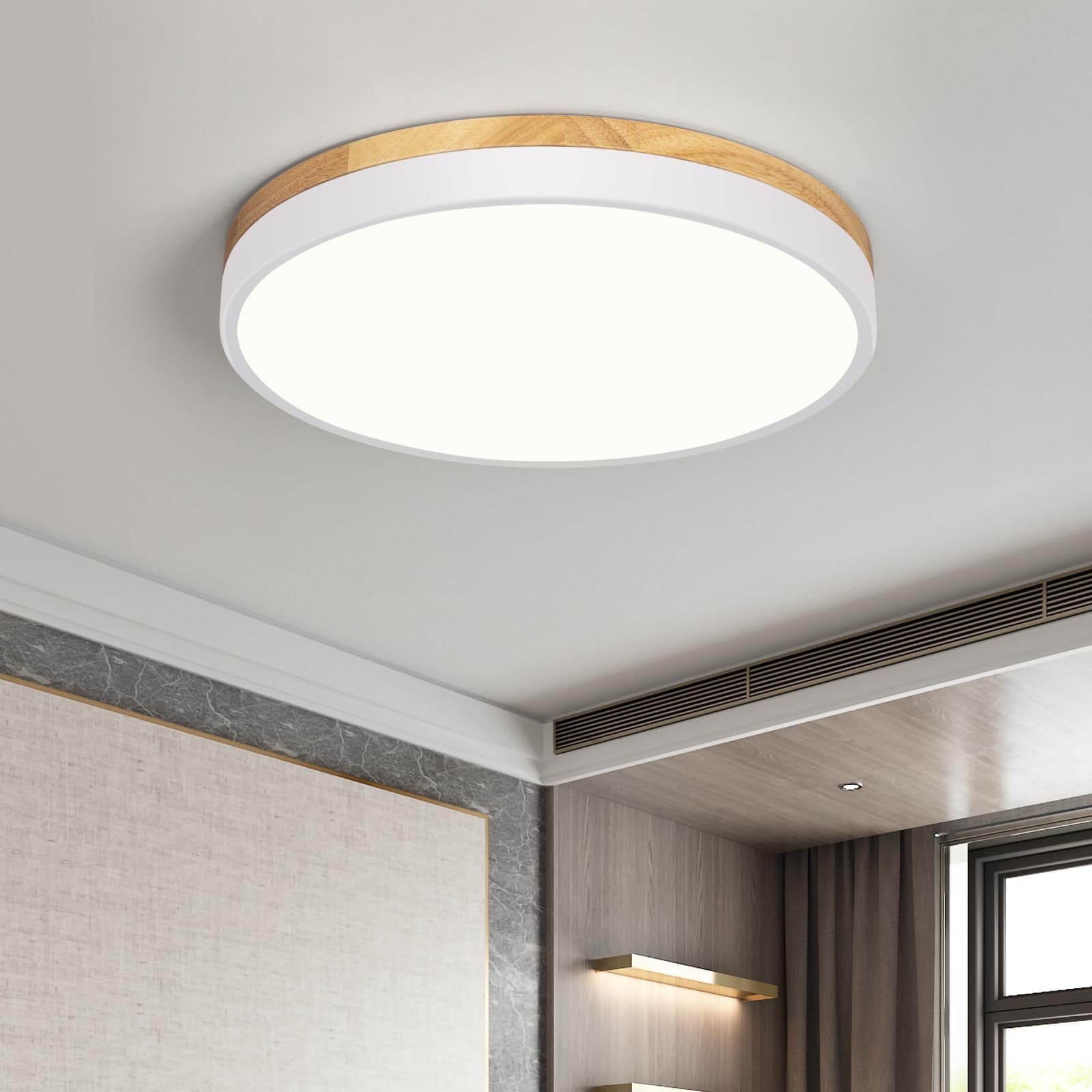 Qamra Plafonnier, Plafonnier LED en Bois 30cm, Plafonnier Plat Blanc, Lumière Ronde 24 W, Adapté au Salon, à la Chambre, à La Cuisine, Au Couloir, à La Salle à Manger 4000K