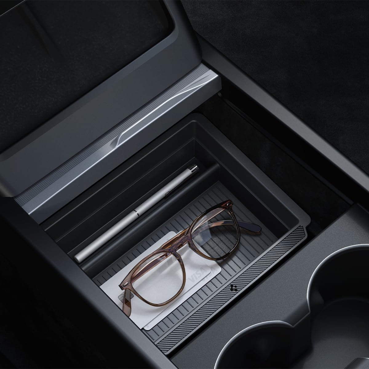 Spigen Tesla Model Y Juniper (Nur Premium & Performance 2025/26) Model 3 Highland (Standard, Premium & Performance 2024/25/26) Mittelkonsole Organizer, Aufbewahrungsbox Armlehnenablage Zubehör-Carbon