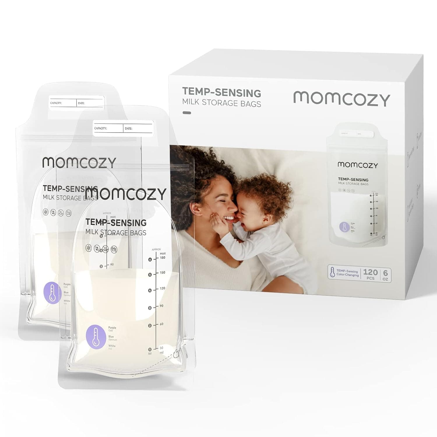 Momcozy 120 Bolsas de Almacenamiento de Leche Materna Con Detección de Temperatura - Desechables, 180ml