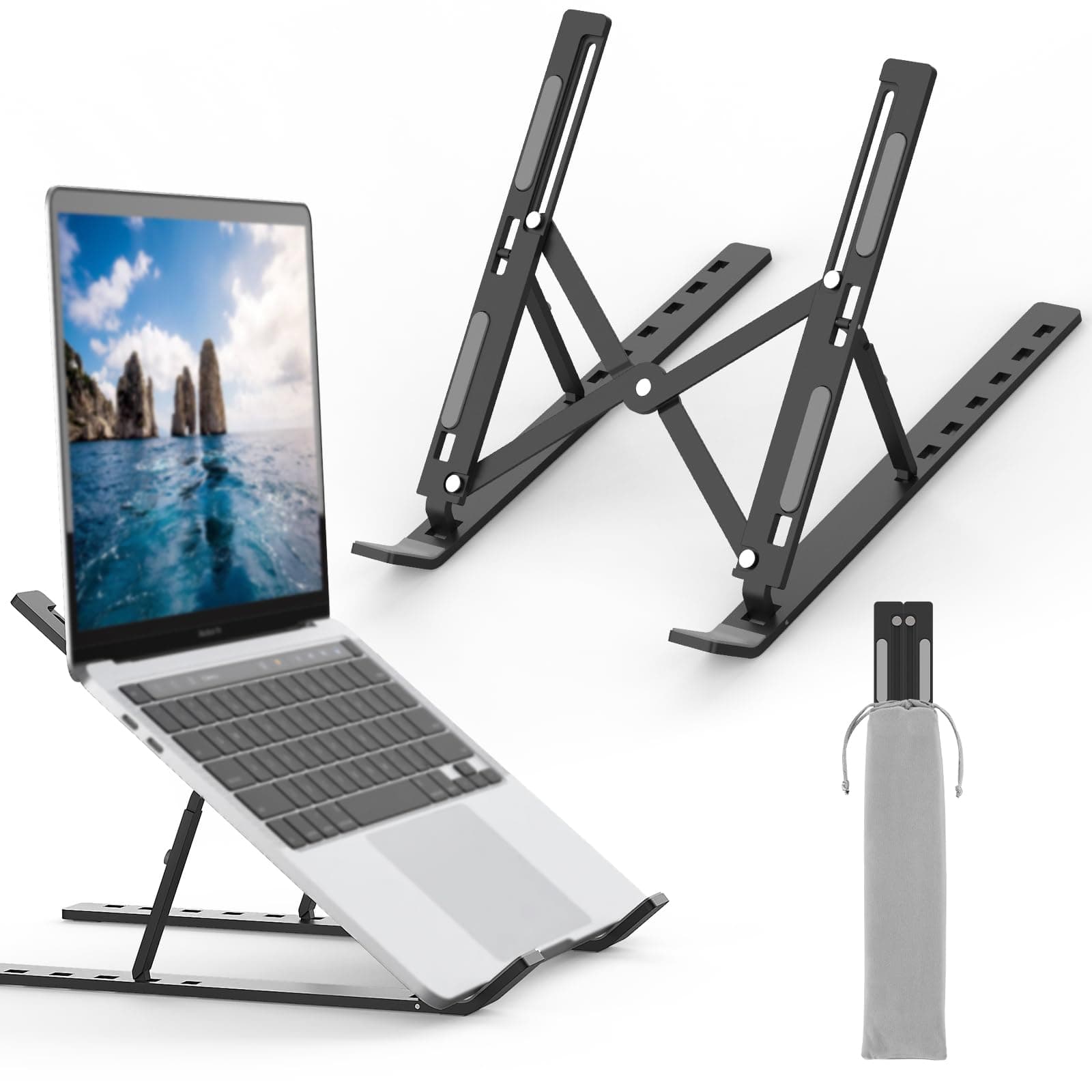 GRIFEMA Support Ordinateur Portable, Rehausseur PC Portable 7 Angles | Laptop Support Pliable en Aluminium, Ventilé et Ergonomique pour PC Portable 10-15,6'', Léger et Stable -Noir