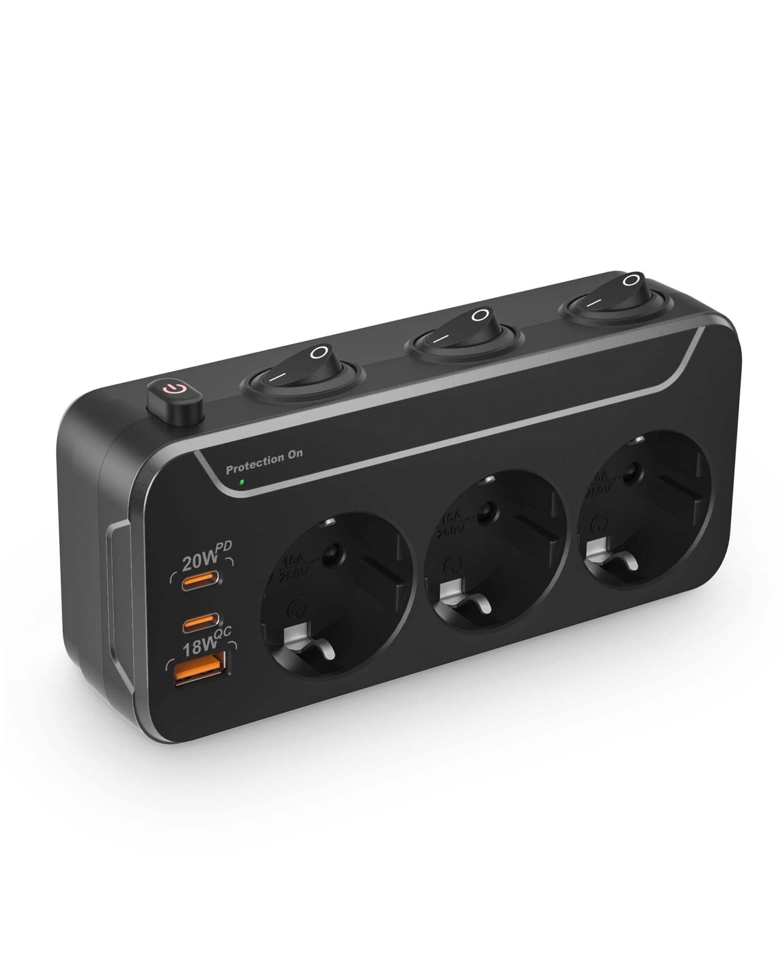 Ladron Enchufes Plano con Interruptor Individuales,Regleta 3 Tomas Proteccion Sobretension,Enchufe Multiple Pared con USB C y PD20W Cargador,Multiplicador Adaptador Triplas Tomadas Electricas,Negro