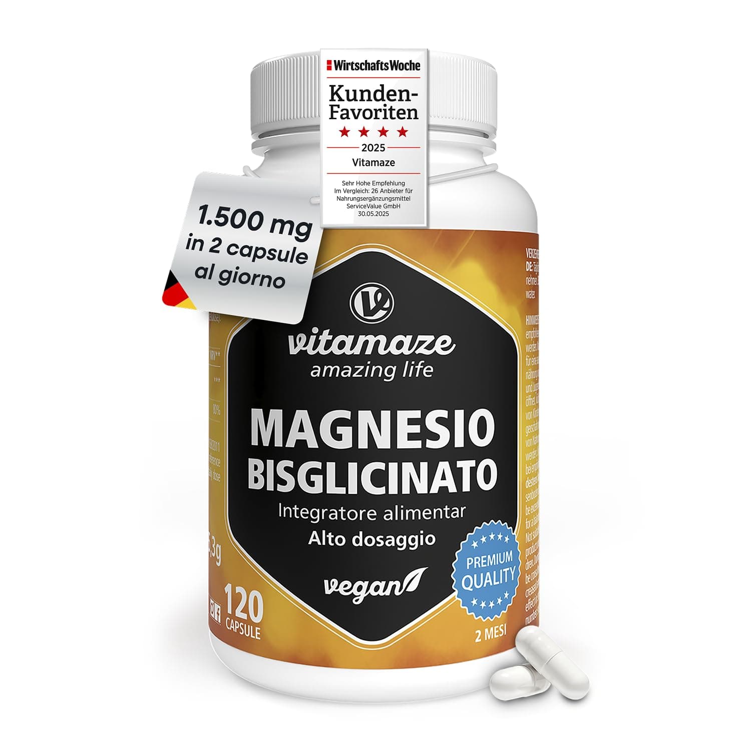 Magnesio Bisglicinato 1500 mg in sole 2 capsule piccole al giorno altamente dosate, 300 mg magnesio elementare, Anti Stress, Fatica e Dolori Muscolari, Rilassante, 120 capsule vegane, Made in Germany