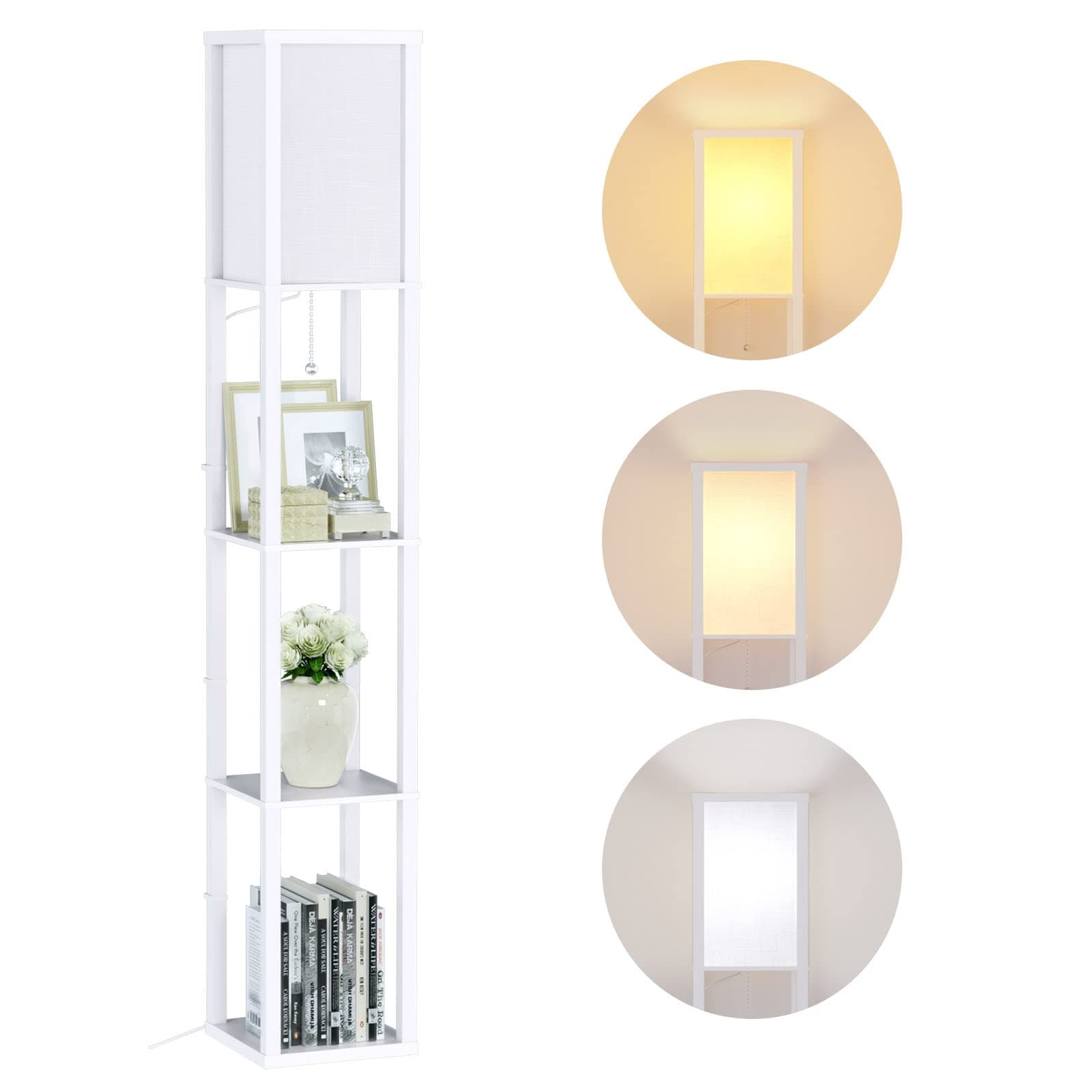 Alampia Lámpara de Pie Madera, Lámpara de Piso 3000K-5000K con Estante, Lámpara de Lectura con Portalámparas E27, Decoraciones Interiores Adecuado Para el Salón y el Dormitorio (Bombilla Incluida)