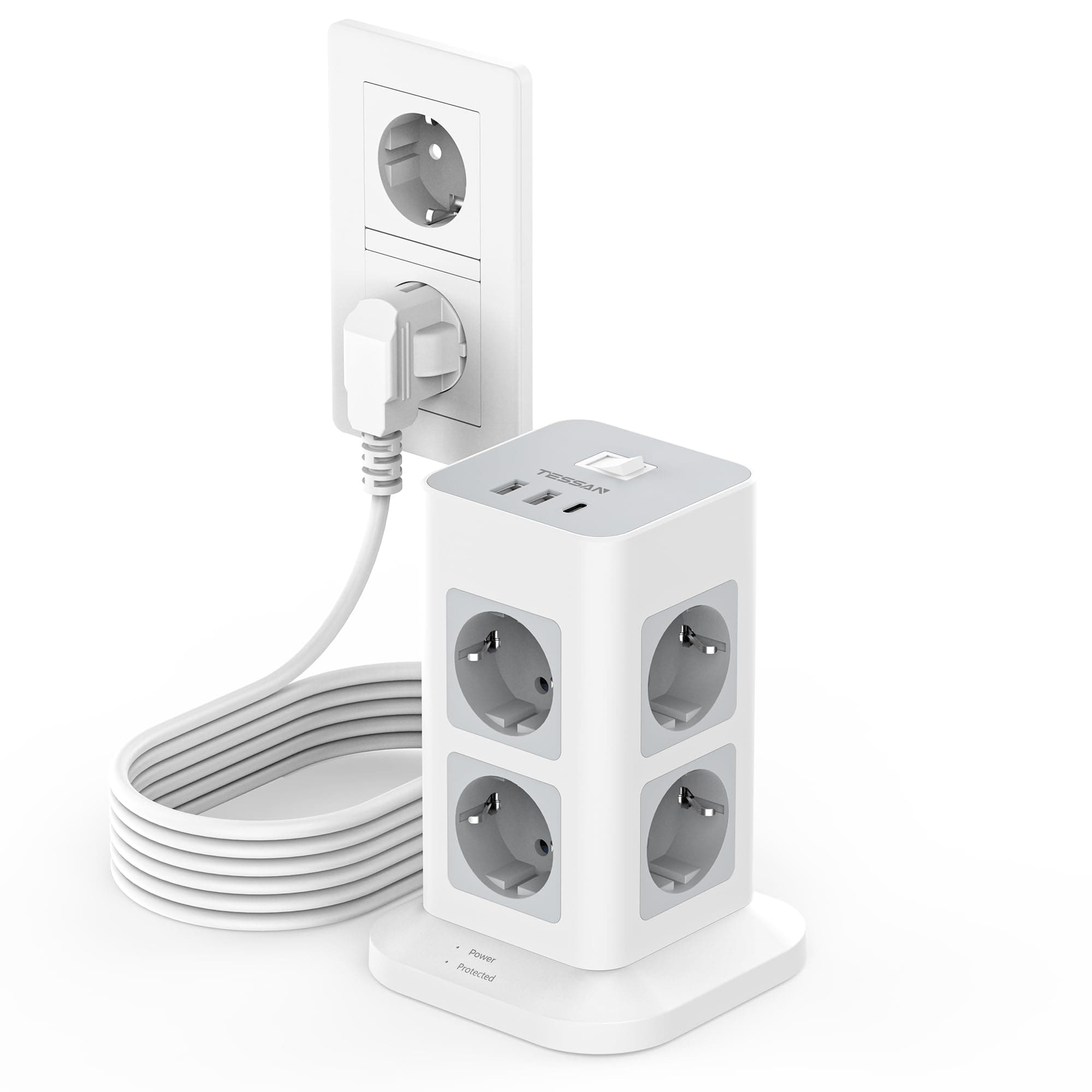TESSAN Regleta Enchufes 3 Metros con Protección Sobretensione 3600W 16A, Torre Enchufes Vertical con 3USB y 8 Tomas, Regleta Alargador 3 Metros con Interruptor para Mesa, Oficina, Casa, Gris