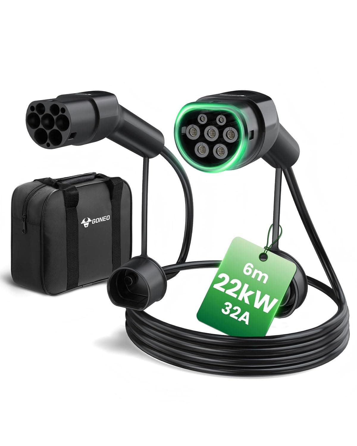 GONEO Cable de Carga Tipo 2 22kW 32A 6M, 3 Fase IP54 Impermeable TPU, Compatible con Renault ZOE/Tesla/VW, Cable EV con Bolsa de Almacenamiento