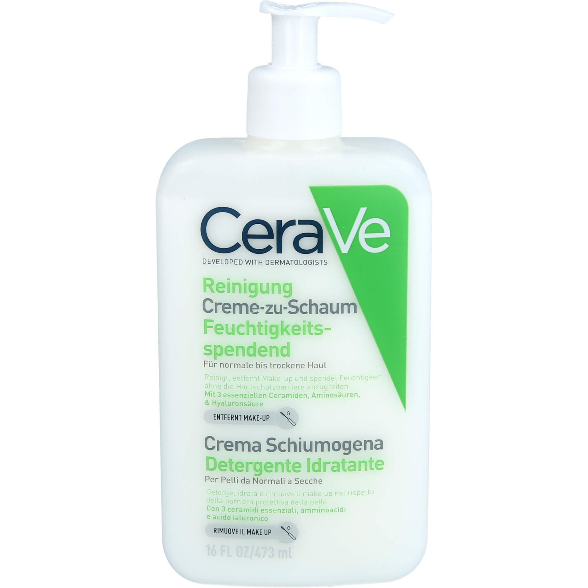 CeraVe Creme-zu-Schaum Reinigung, Feuchtigkeitsspendende Reinigungscreme, Für normale bis trockene Haut, Entfernt Schmutz und Make-up, Mit Hyaluron und Ceramiden