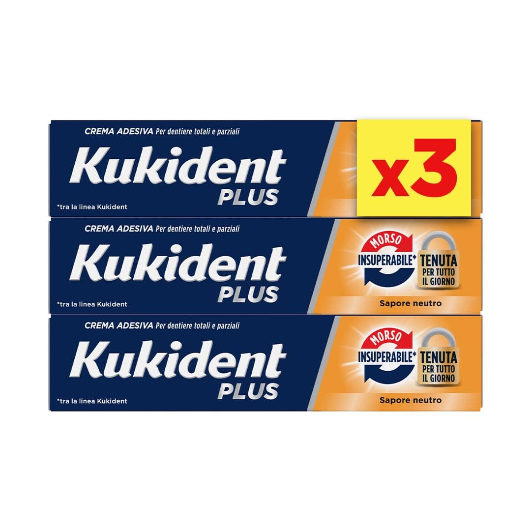 Kukident Plus Morso Insuperabile Crema Adesiva Per Protesi Dentali Totali e Parziali, Sapore Neutro. Confezione da 3x35g