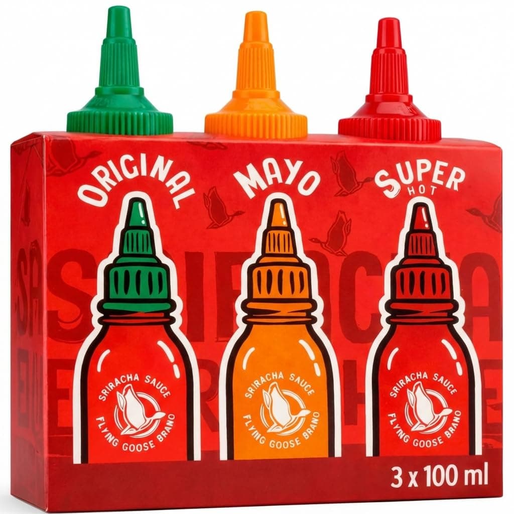 FLYING GOOSE Sriracha scharfe Chilisaucen Mischkarton in 3 Geschmacksrichtungen, ideal zum Verschenken, Würzsaucen aus Thailand zum Würzen, Dippen und Verfeinern, 3 x 100 ml Multipackung