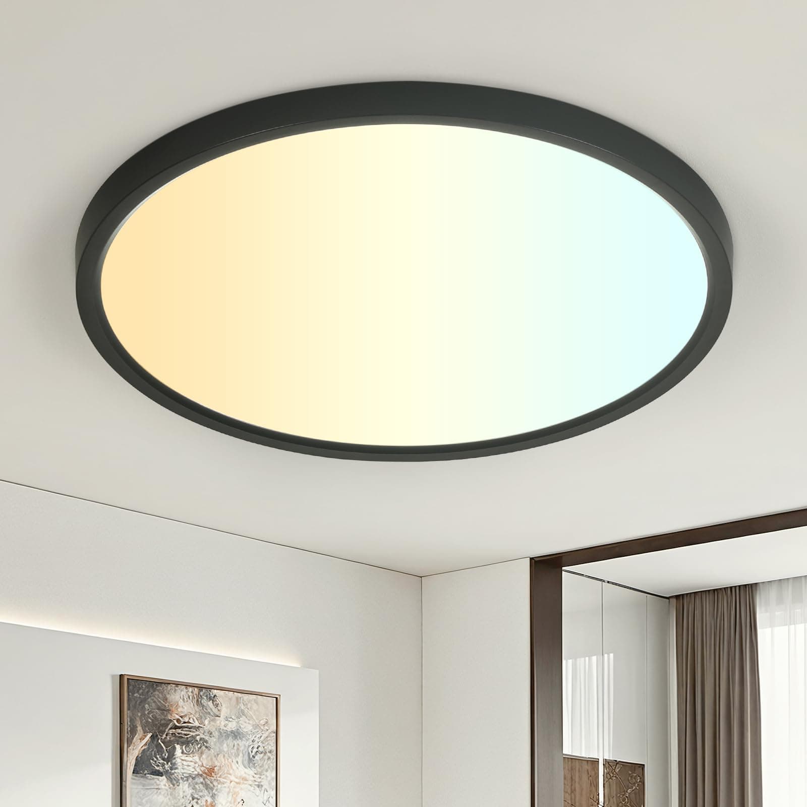 EASY EAGLE Plafón LED Techo 40cm Ultrafino, Lámpara de Techo Redonda Negra, 3000K/4000K/6500K sin Parpadeo, IP44 Impermeable, LED Integrado de Larga Duración para Cocina Baño Salón Oficina