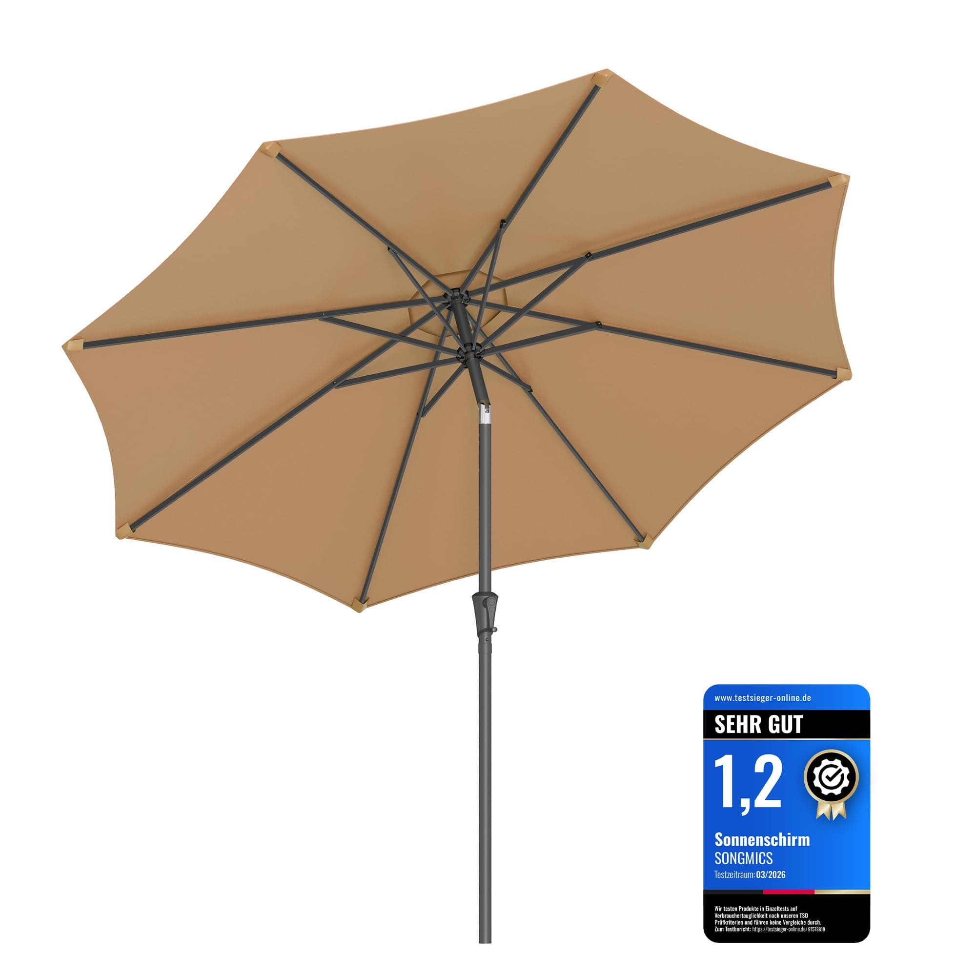 SONGMICS Sonnenschirm 300 cm, UPF 50+, Strandschirm, beidseitig um 30° knickbar, Sonnenschutz, mit Kurbel zum Öffnen/Schließen, für Terrasse, Balkon, Pool, ohne Ständer, taupe GPU30BRV1