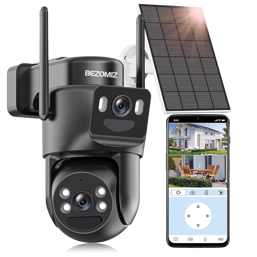BEZOMIZ 4K Caméra Surveillance WiFi Extérieure à Double Objectif,2.4G/5GHz Caméra 2-in-1,Détection Humaine avec Panneau Solaire,Suivi Automatique,Vision Nocturne Couleur,Étanche