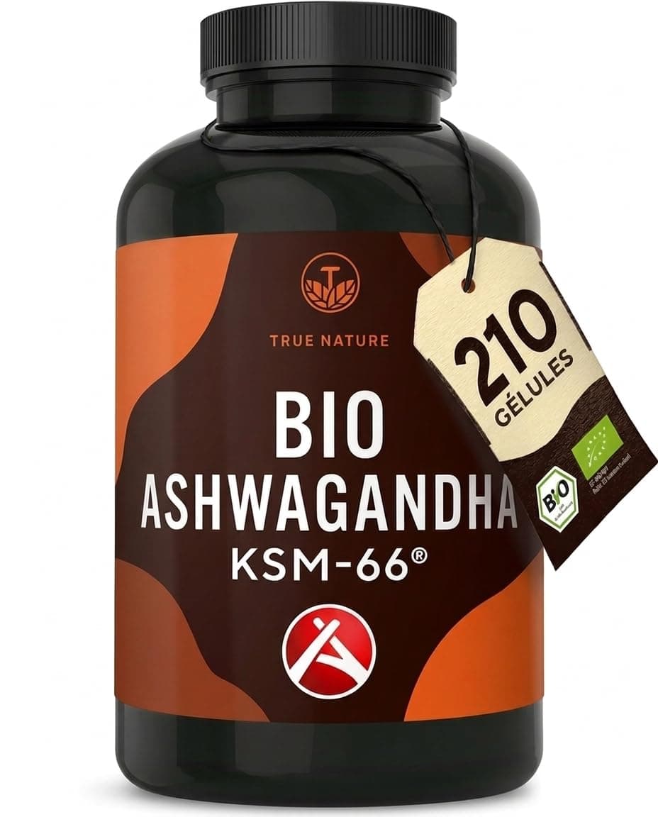 KSM-66 | Ashwagandha bio | Principe actif breveté – 210 gélules, rendement supérieur à la moyenne – 600 mg, au moins 5% de withanolides – Ayurveda – Sans lactose ni gluten – TRUE NATURE