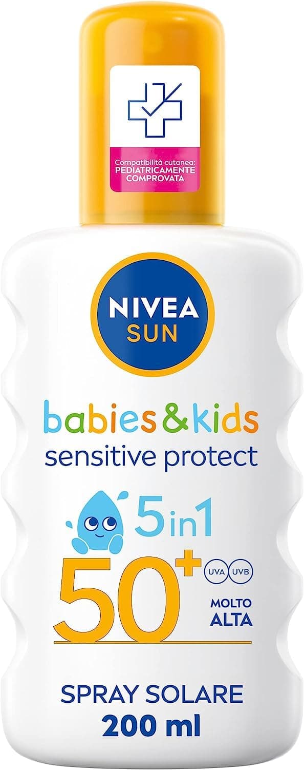 NIVEA SUN Spray Kids Sensitive Protect & Play FP 50+ 200 ml, Crema solare bambini e neonati dai 6 mesi in su, Crema solare 50+ in pratico flacone in spray