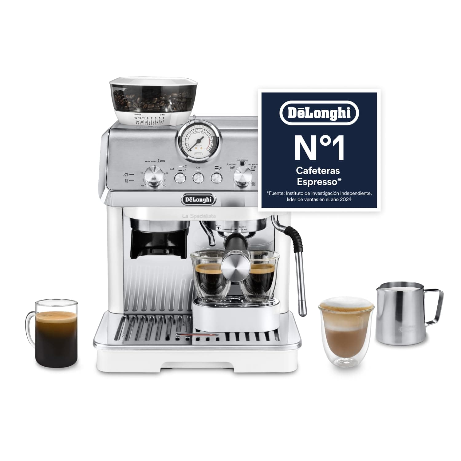 De'Longhi La Specialista Arte EC9155.W, Cafetera Expresso Manual, Tecnología de Molido con Sensor y 8 Ajustes, Control Activo de la Temperatura, Espumador de Leche MyLatte Art, 1550 W, Blanco
