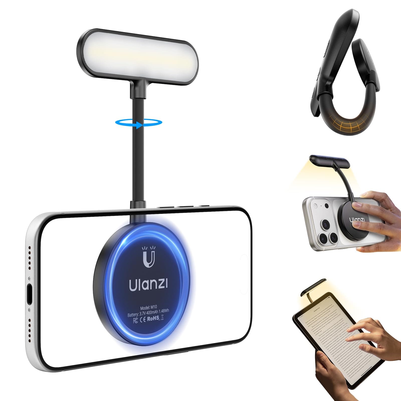 ULANZI M10 Magnetische Selfie Licht; Mini Flexible LED Handylicht, Clip-On Leseleuchte mit 5-stufig dimmbarem warmweißem Licht als Buch und Kameraleuchte für iPhone/Android