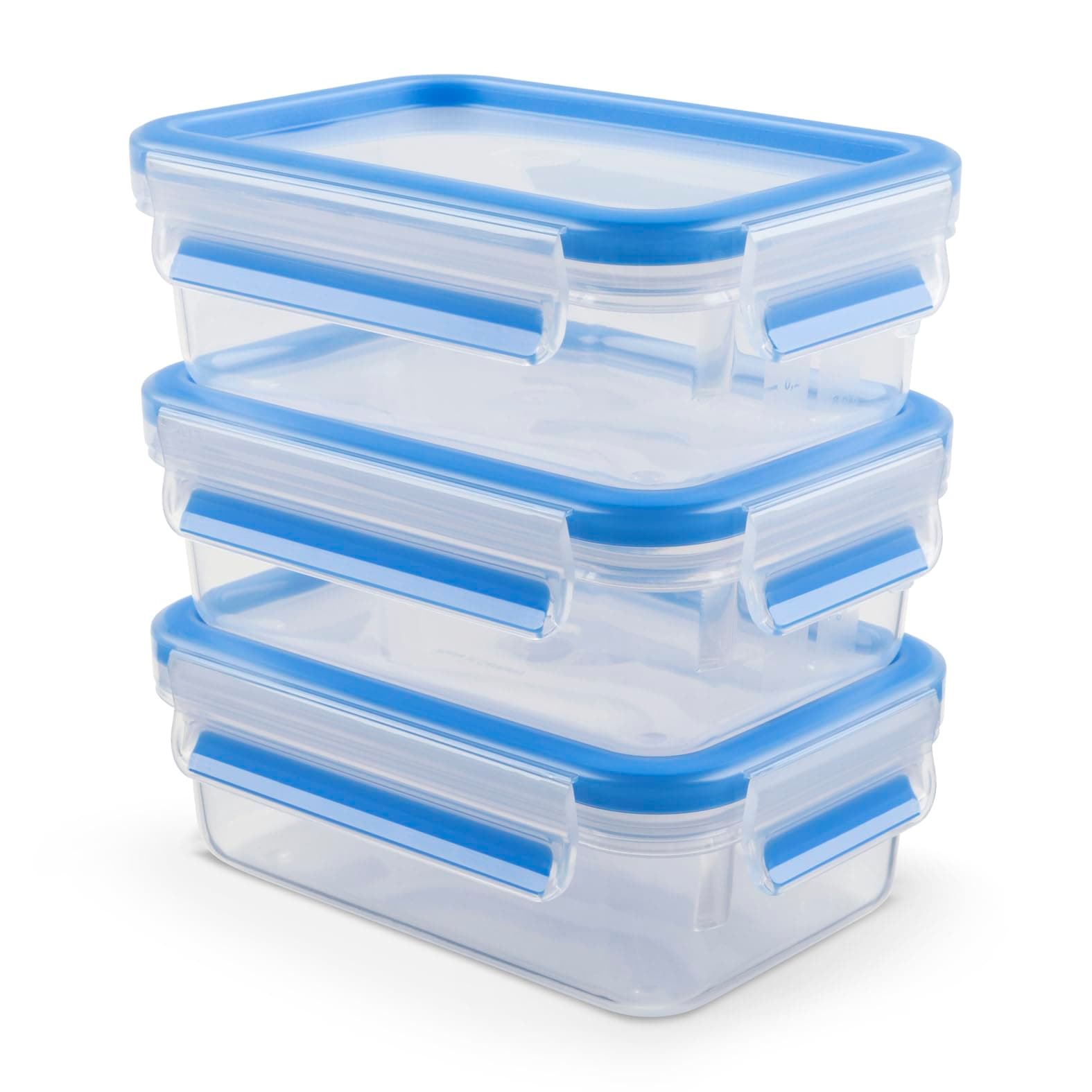 EMSA Clip & Close Frischhaltedosen-Set, rechteckig, 3 x 0,55 L, Aufbewahrungsboxen, 100 Prozent dicht, spülmaschinen-, gefrier-, mikrowellenfest, Transparent, Blau, Made in Germany, N10312