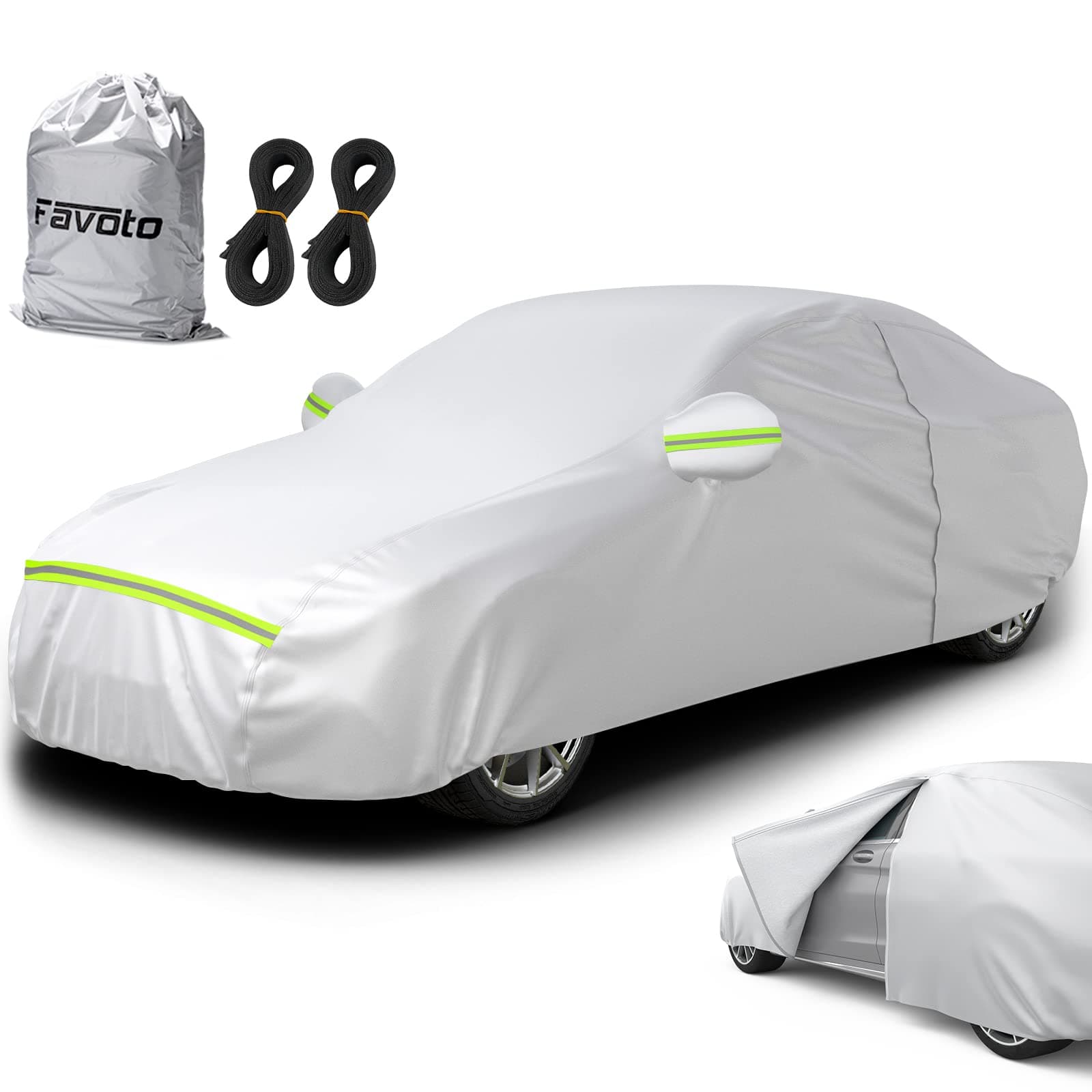 Favoto Bâche Voiture Exterieur Housse de Protection PEVA Couverture Imperméable Auto, Ouverte Latérale pour Cabine, Doublure en Coton Respirant, Anti UV Neige Poussière pour Berline 490x190x150cm