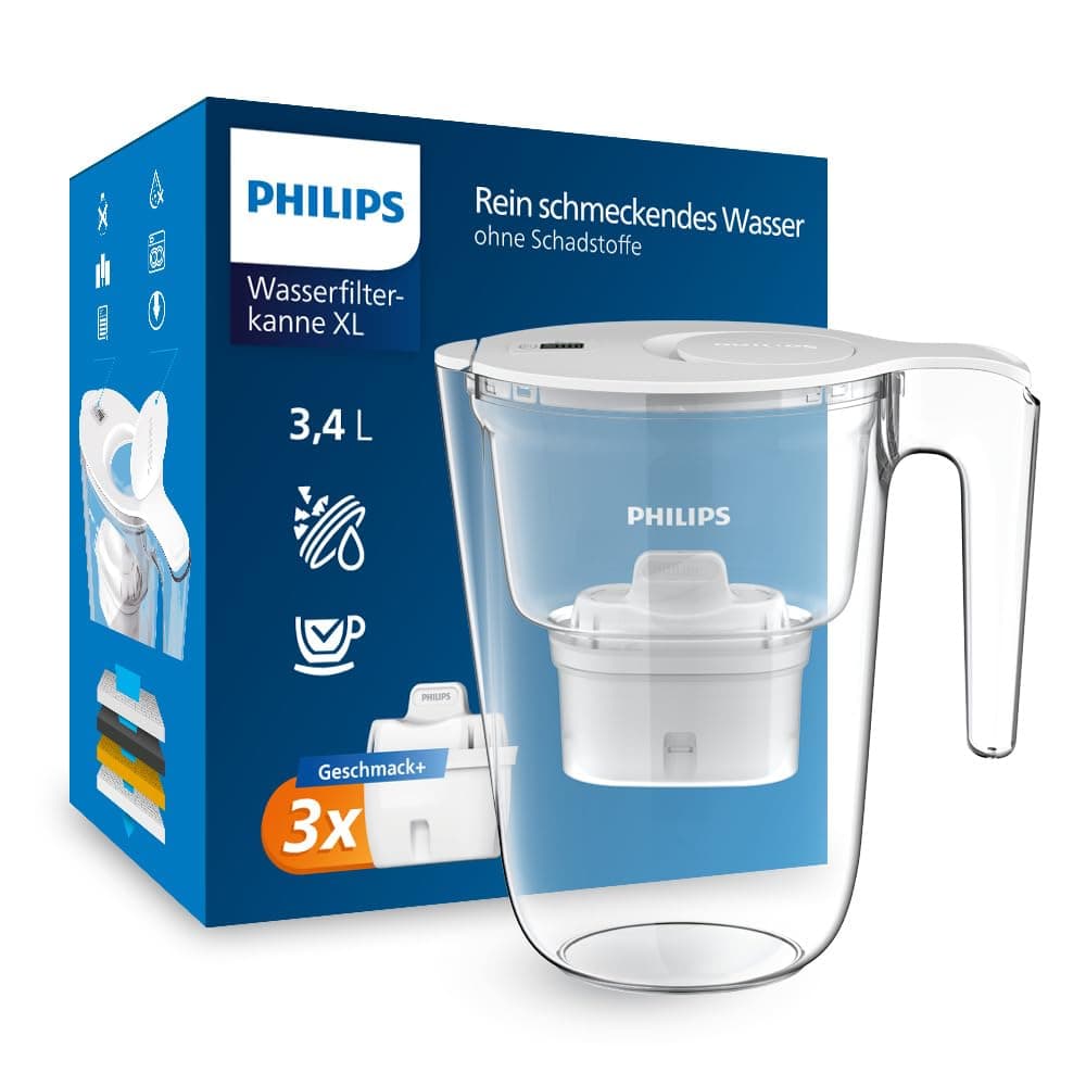 Philips Wasserfilterkanne XL +3 Geschmack+ Ersatzfilterkartuschen, schneller Wasserdurchfluss, Weiß, 3,4 Liter, elektronischer Timer