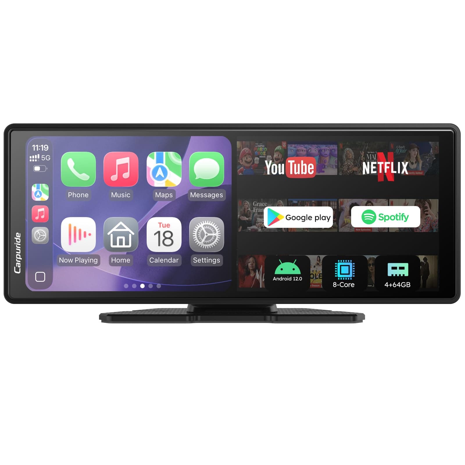 CARPURIDE W903Plus CarPlay y Android Auto Inalámbricos 4+64 GB, Pantalla Táctil HD IPS de 9.3" para Coche, GPS Online y Offline, Google Play, Mirror Link, BT, Antena GPS, Cámara de Visión Trasera