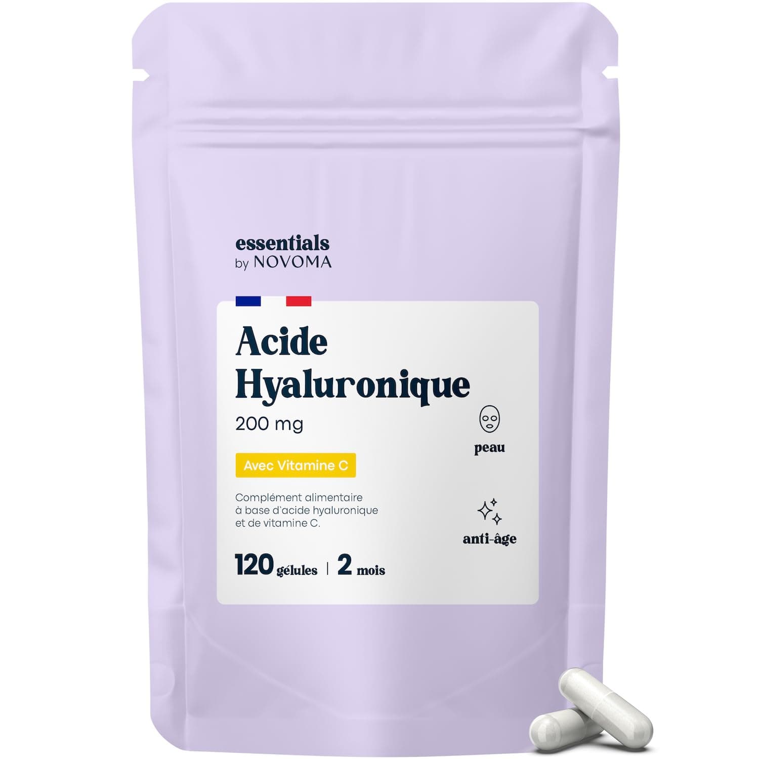 Acide Hyaluronique Pur, 120 Gélules Vegan, Action Anti-Âge + Anti-Rides, 800-900 kDa, Cure de 2 mois, Hydratation de la Peau, Avec Vitamine C, Fabriqué en France, Essentials by NOVOMA