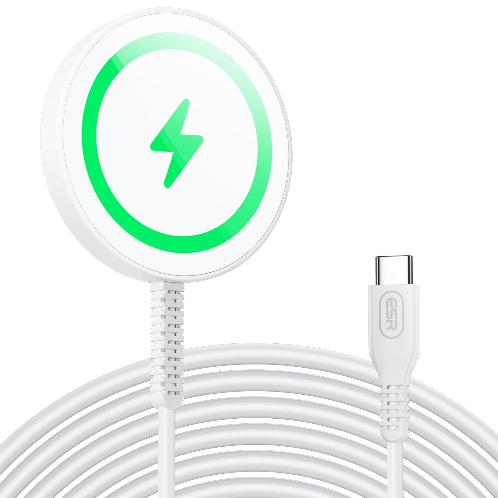 ESR für Magsafe Ladegerät, Wireless Charger für iPhone 17/17e/16/15/14/13/12 Series, AirPods 4/3/2 Pro, Samsung S26 Series, Induktive Ladestation mit 1,5m Verstärktem Nylonkabel, Weiß(Ohne Netzteil)