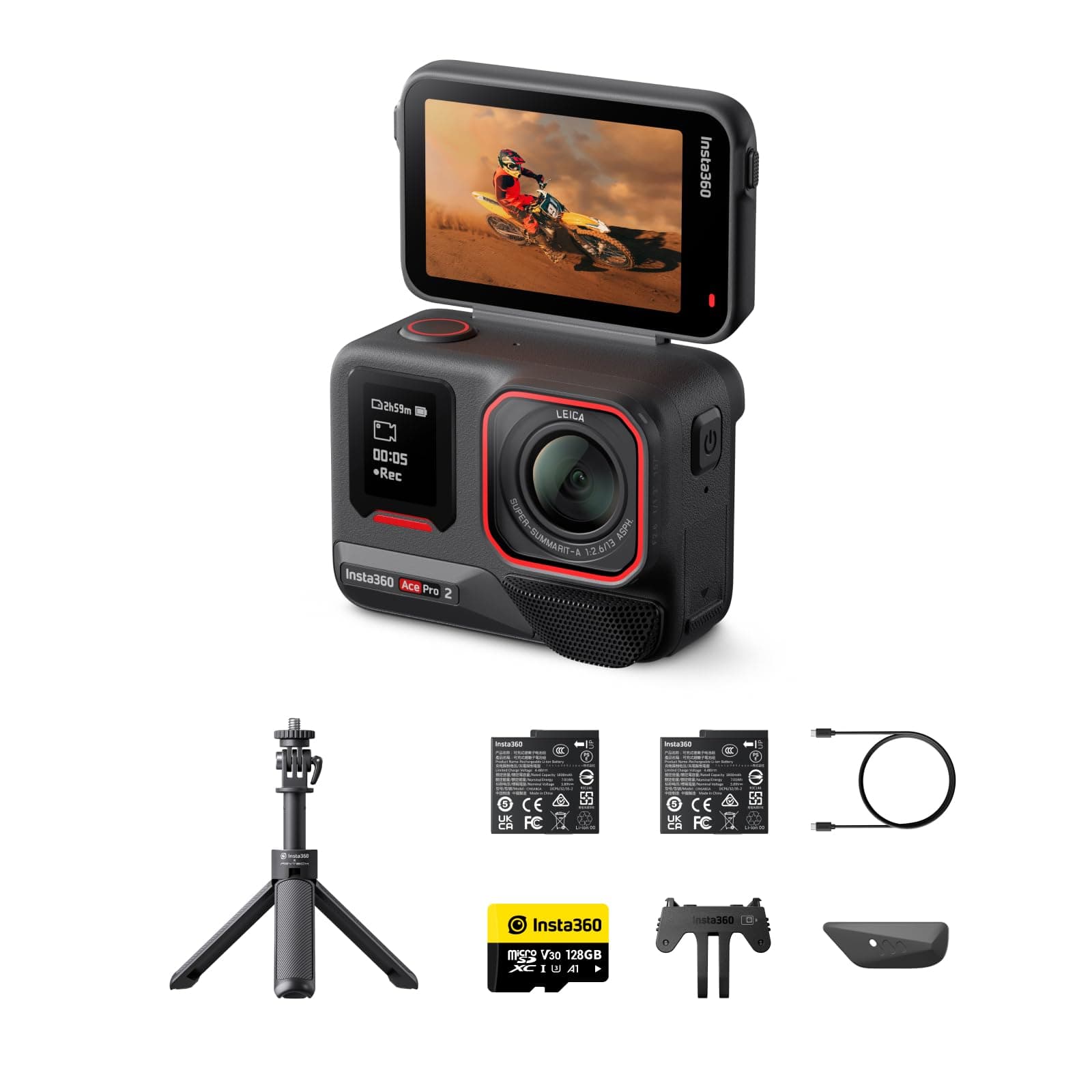 Insta360 Ace Pro 2 Paquete Get-Set - Cámara de acción 8K Impermeable co-diseñada con Leica, Sensor de 1/1,3", Dual Chip IA, excelente en Baja luz, Audio Superior, Pantalla abatible