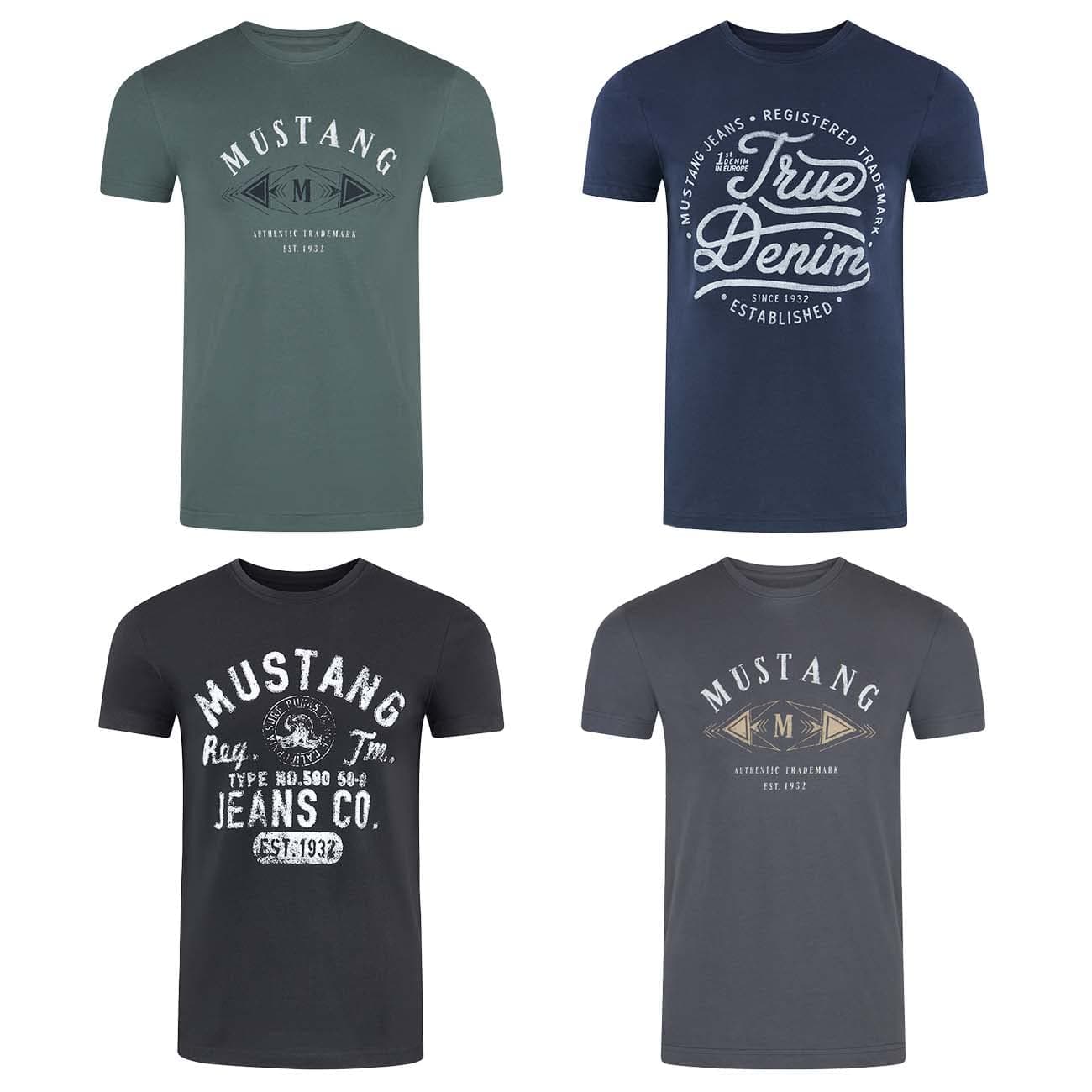 MUSTANG Tshirt Herren Baumwolle Regular Fit 4er Pack Set Rundhals Kurzarm Sommer Tee Shirt Logoprint Schwarz Weiß Grau Blau Grün S M L XL XXL 3XL 4XL 5XL 6XL