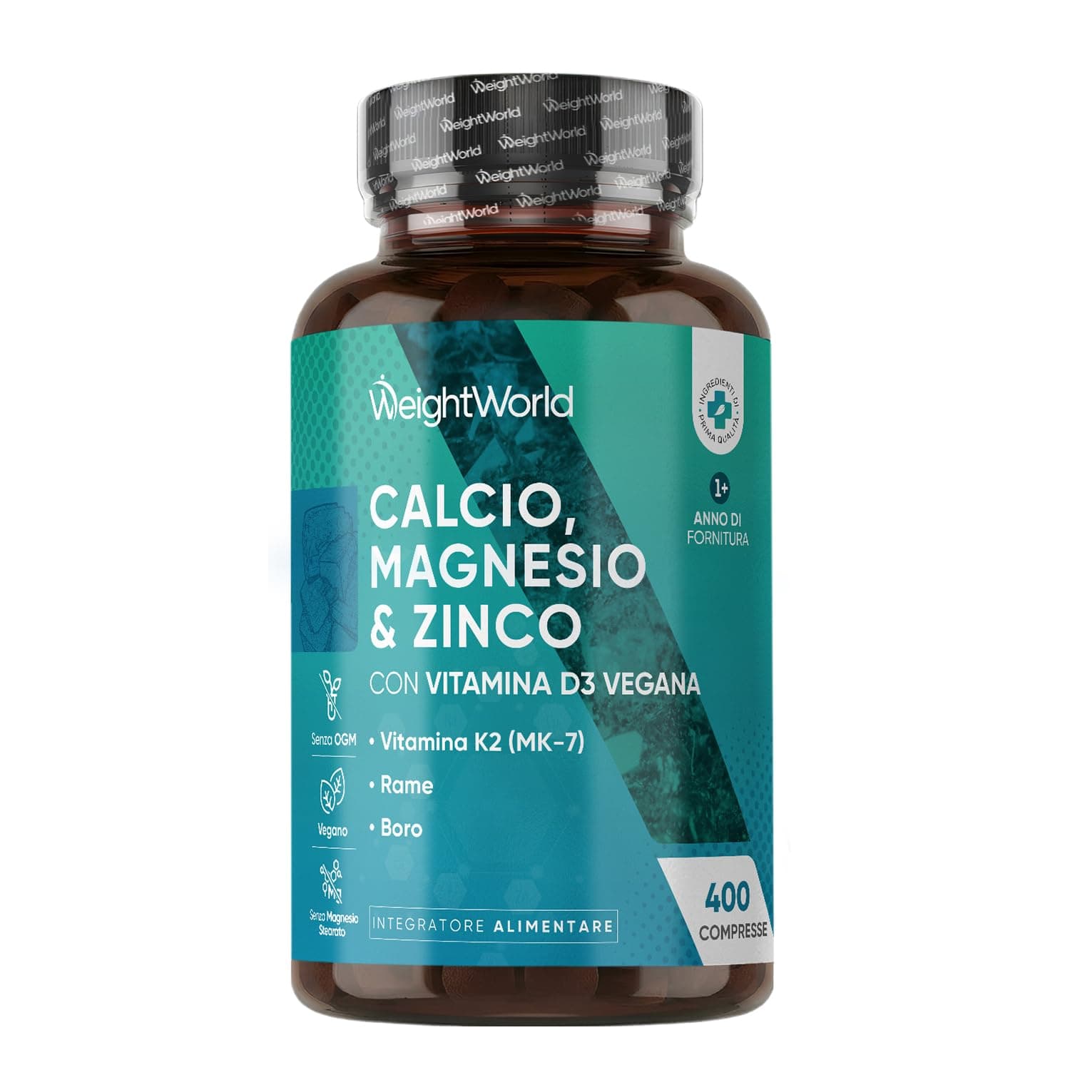 Magnesio Zinco Calcio Vegano con Vitamina D3 K2 MK-7, 400 Compresse (13+ Mesi di Fornitura), 1 al Giorno, Calcio Magnesio Zinco Integratore, Complex Contenente Minerali Come Rame e Selenio, Senza OGM