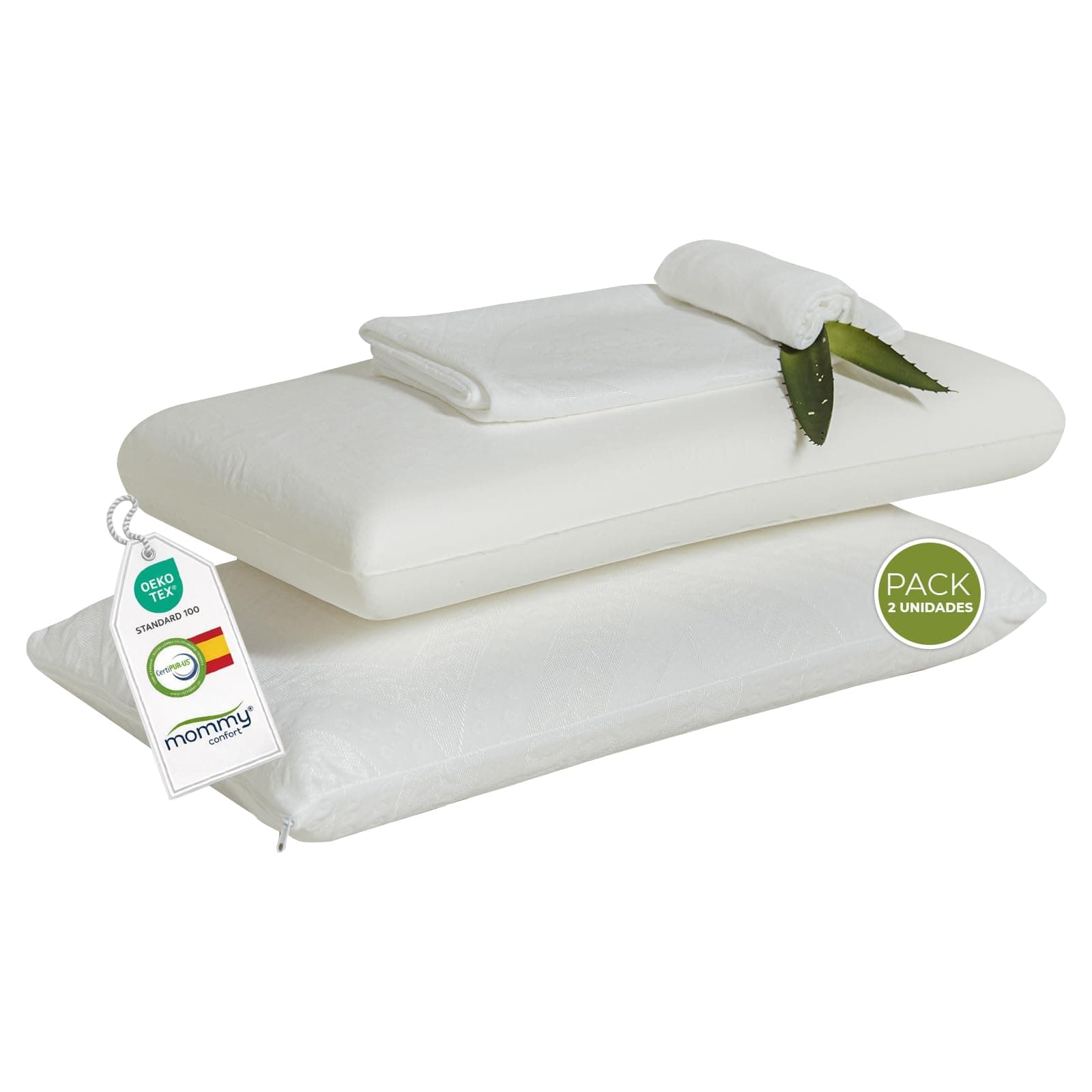 MOMMY CONFORT Pack 2 Almohadas Viscoelásticas 70 cm - Núcleo Compacto con Funda Interior + Funda Lavable con Cremallera - Memory Foam Adaptable Cuello - Termorreguladoras + Suaves y Ergonómicas