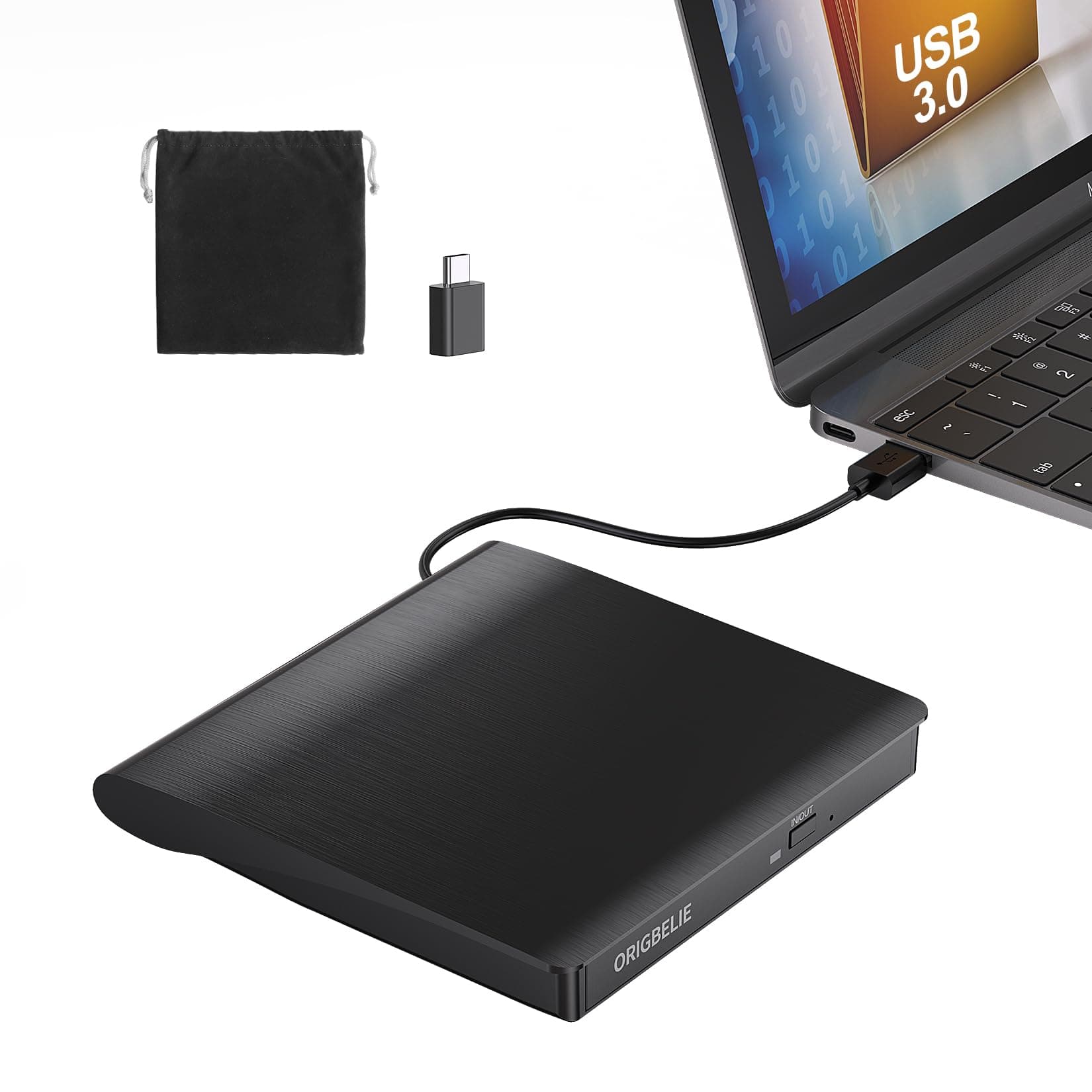 ORIGBELIE Lector CD Externo, Plug & Play CD DVD +/-RW Drive | Ultradelgada Grabadora DVD Externa para PC, Portatil, Laptop Mac Windows 11/10/8/7/XP Linux OS
