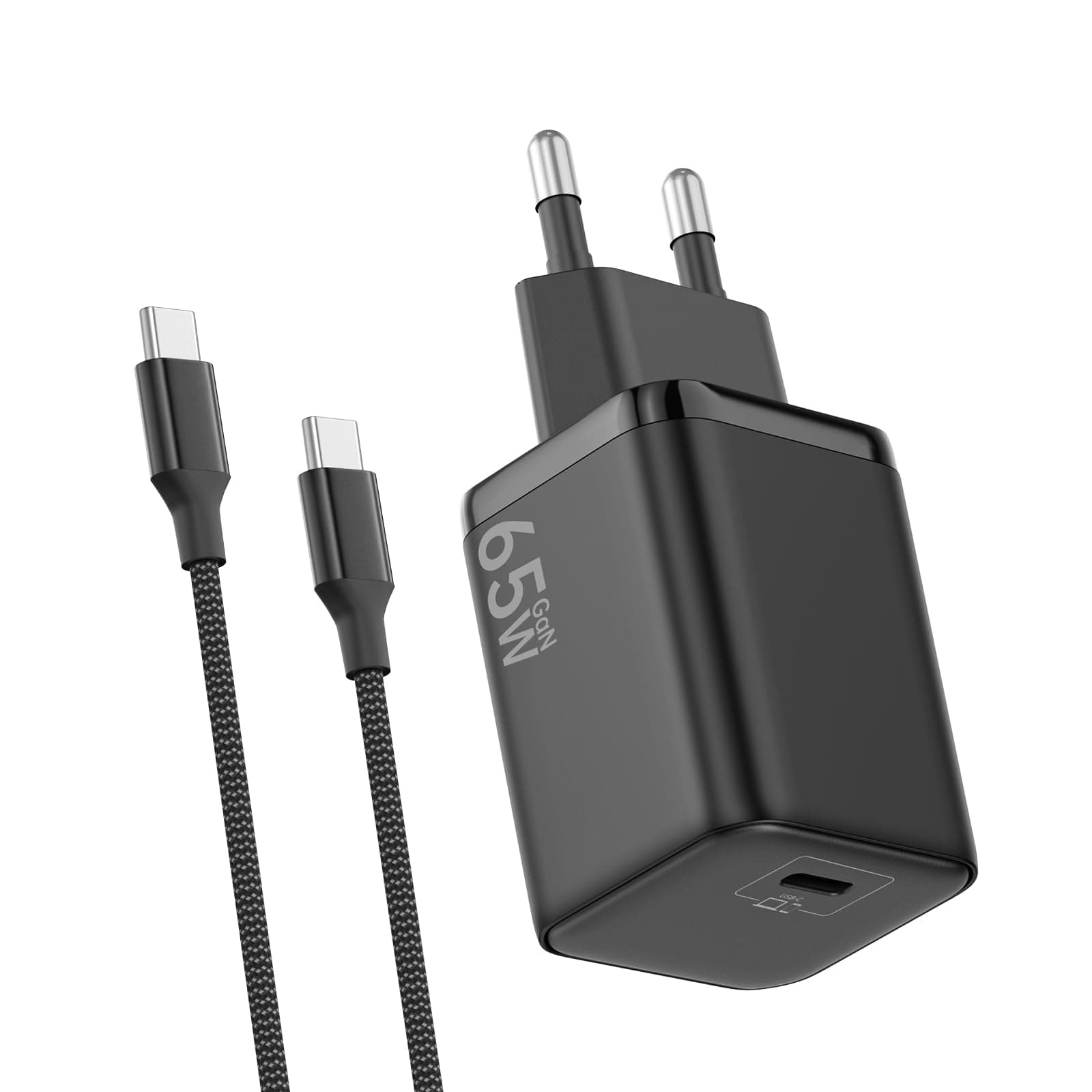 Chargeur USB C 65W, Charge Rapide PD3.0 PPS, GaN II avec Câble Tressé 2M, Compatible pour MacBok Pro/Air, pour Samsung Galaxy S25/S24/S23/S22 Ultra, pour iPhone 16/15(Noir)