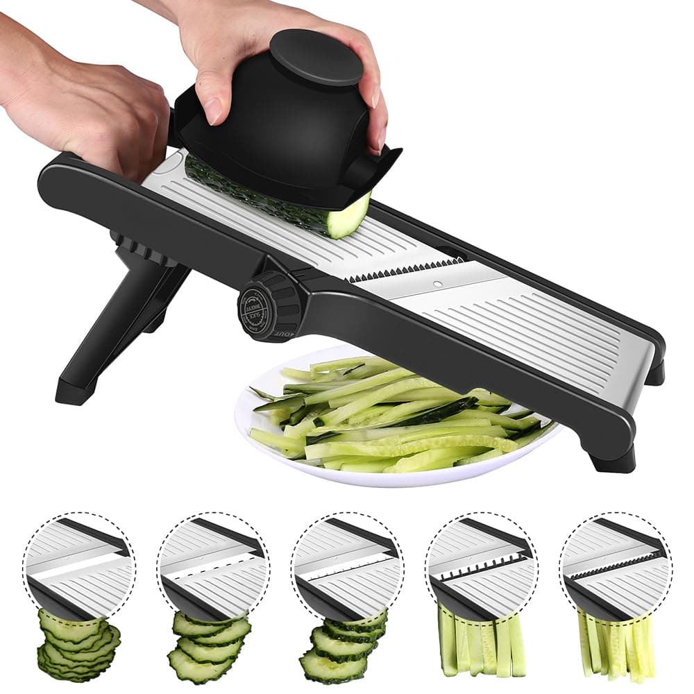 Mandolina de Cocina Profesional Cortador de Verdura - Mandolina Verduras con Guantes de Seguridad, Ajustable en Acero Inoxidable, Hacer Rodajas Gruesas de 1 a 9 mm, Cortador de Verduras Manual