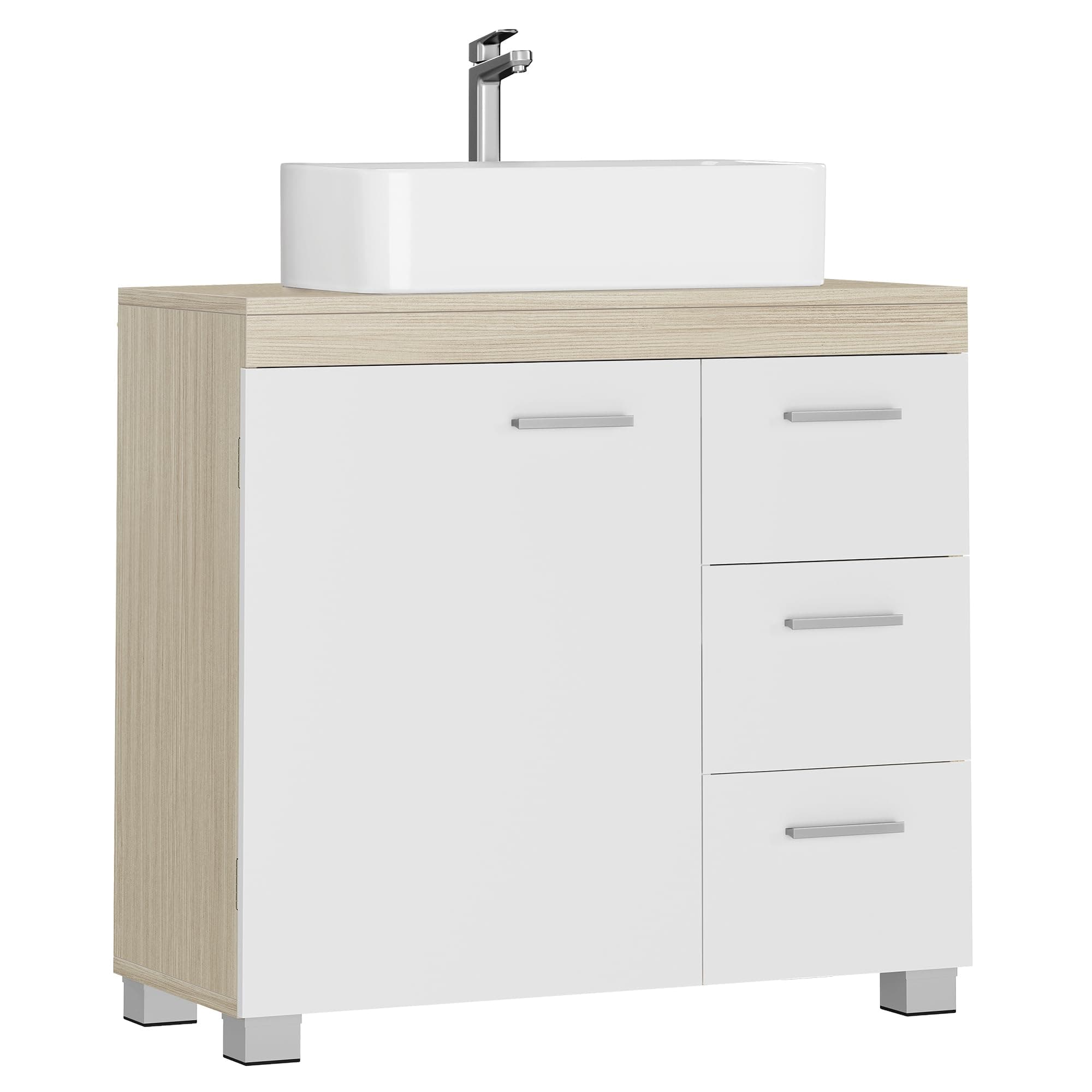 VASAGLE Mobile Sottolavabo per Bagno, 1 Anta e 3 Cassetti | Sottolavabo Bagno Copricolonna, 70 x 30 x 64 cm, Ripiano Regolabile, Beige Naturale e Bianco Nuvola, Custos, BBK504K01