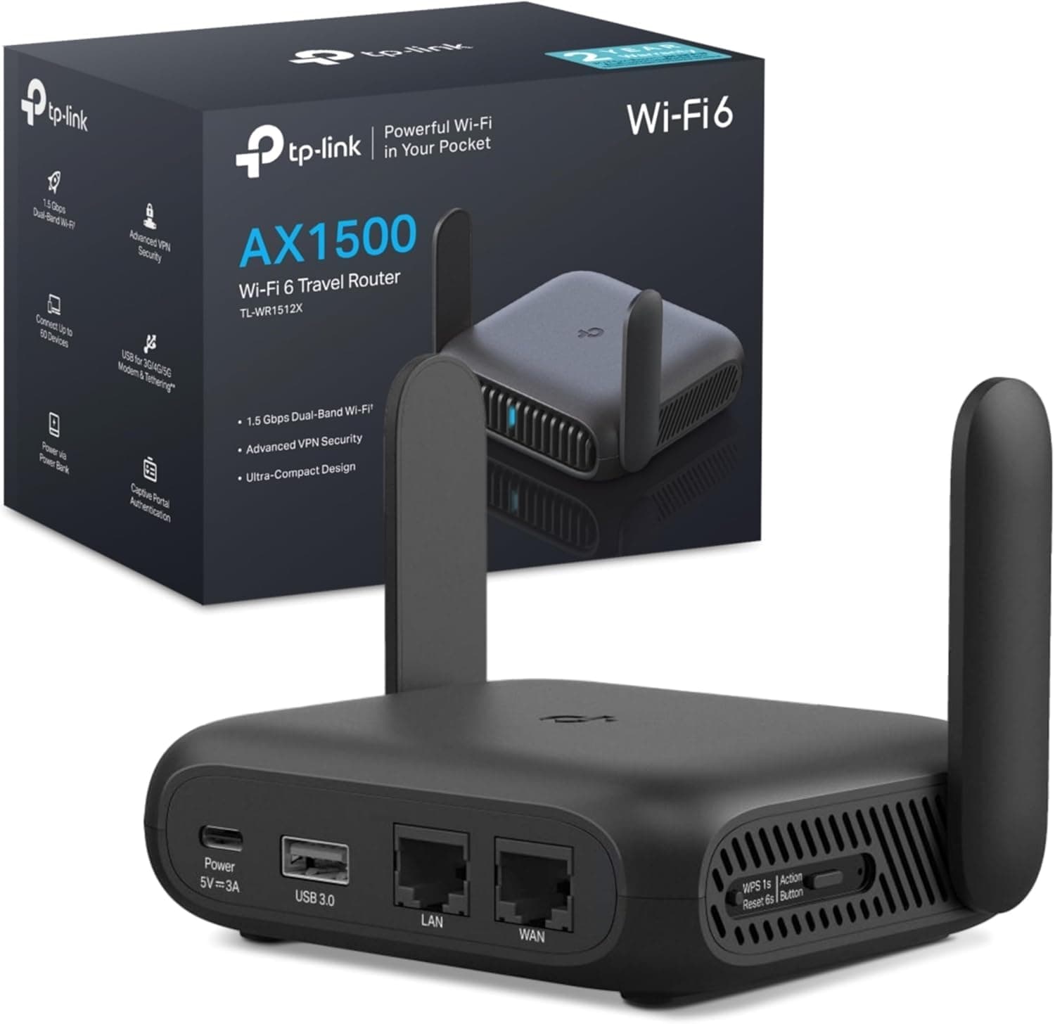 TP-Link TL-WR1512X - Router WiFi 6 Portátil AX1500 Doble Banda, VPN WireGuard/OpenVPN, USB-C, Gigabit, Router de Viaje Compacto para Hoteles, Camping y Teletrabajo