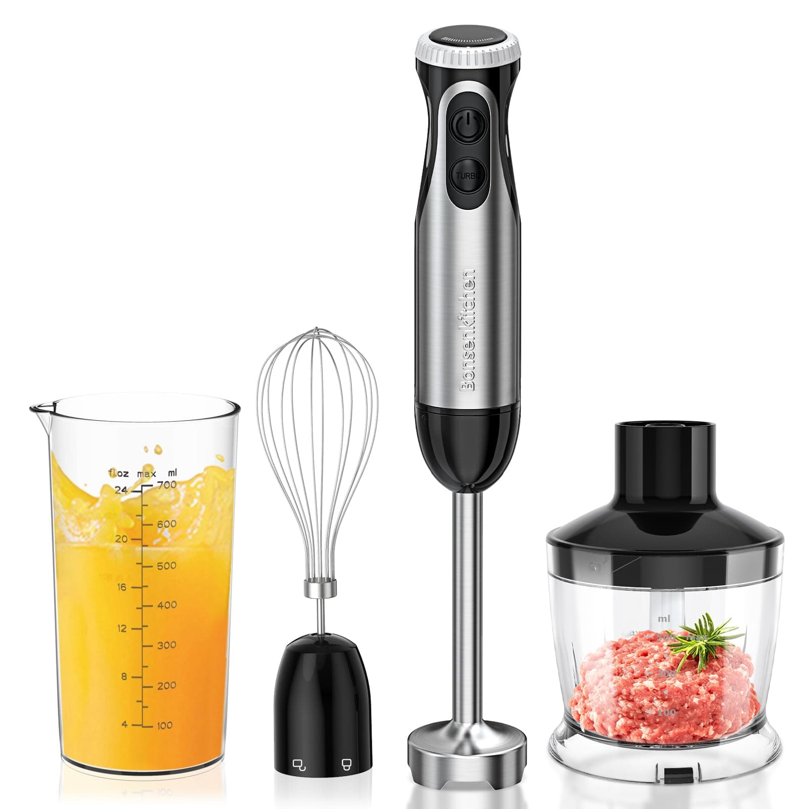 Bonsenkitchen Batidora de Mano 1000W 4 en 1, 20 Velocidades con Batidor, Picadora 500ml y Vaso 700ml, Procesador de Alimentos Multifunción, HB3203