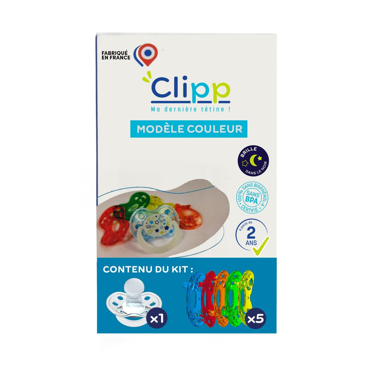 CLIPP Kit - Tétine de Sevrage Couleur + 5 Collerettes pour Arrêt Progressif + Notice - Sevrage par Paliers, Facile et en Douceur - Dispositif Breveté - Fabriqué en France - À Partir de 2 Ans