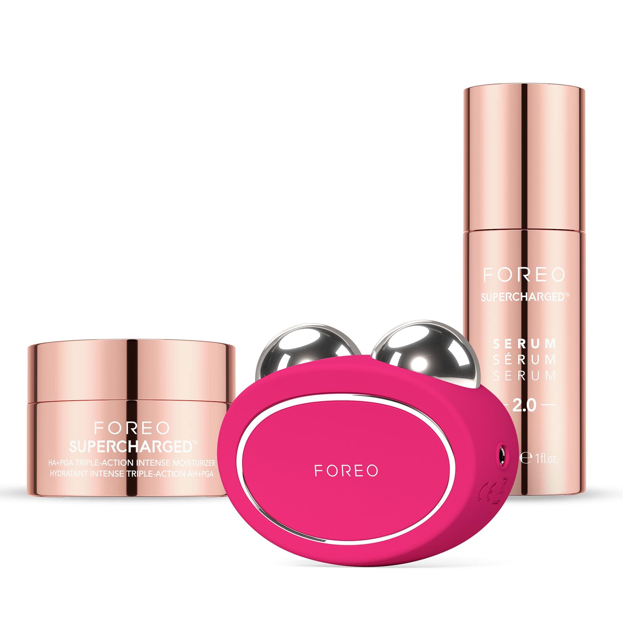 FOREO Set BEAR 2 Masajeador facial reafirmante + SÉRUM SUPERCHARGED 2.0 30 ml + Crema hidratante intensa de triple acción HA+PGA SUPERCHARGED 50 ml - Microcorrientes facial - Skincare