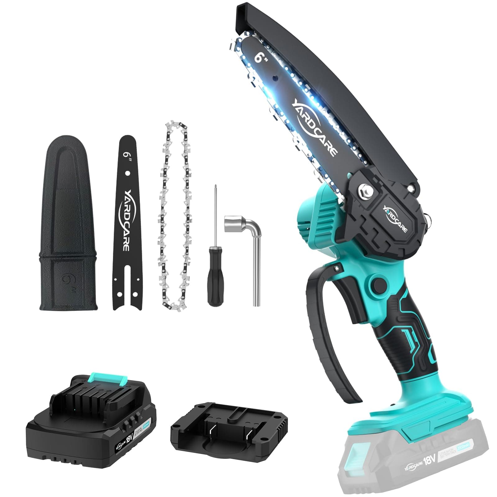 YARDCARE Mini Motosega a Batteria, 6 Pollici Sega a Batteria per Potatura con Pompetta Olio, con Blocco di Sicurezza, Motosega Elettrica per il Taglio del Legno Giardini