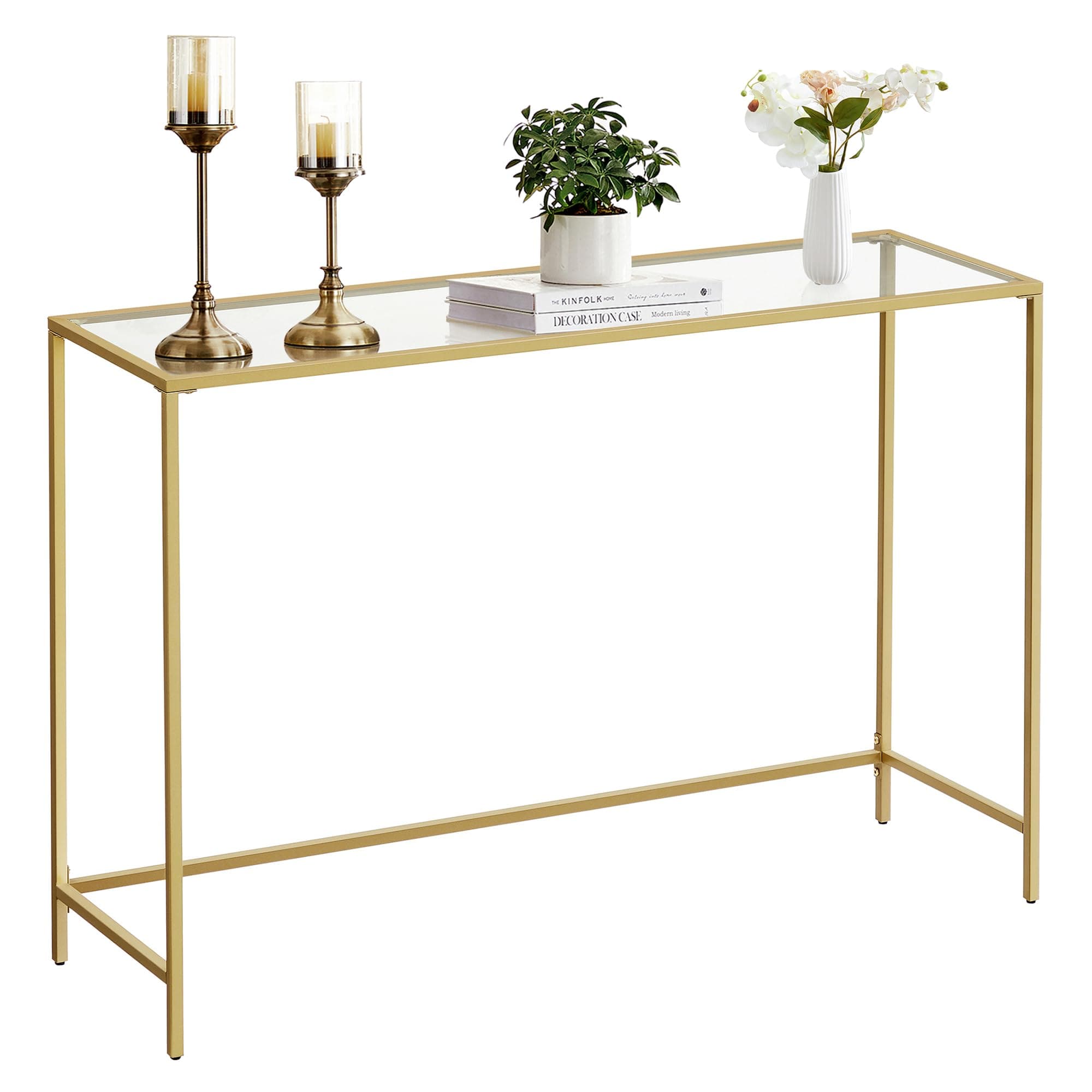 VASAGLE Konsolentisch, Beistelltisch, Oberfläche aus Hartglas, moderner Sofatisch, einfacher Aufbau, verstellbare Füße, Wohnzimmer, Flur, helles Gold-transparent LGT132A01