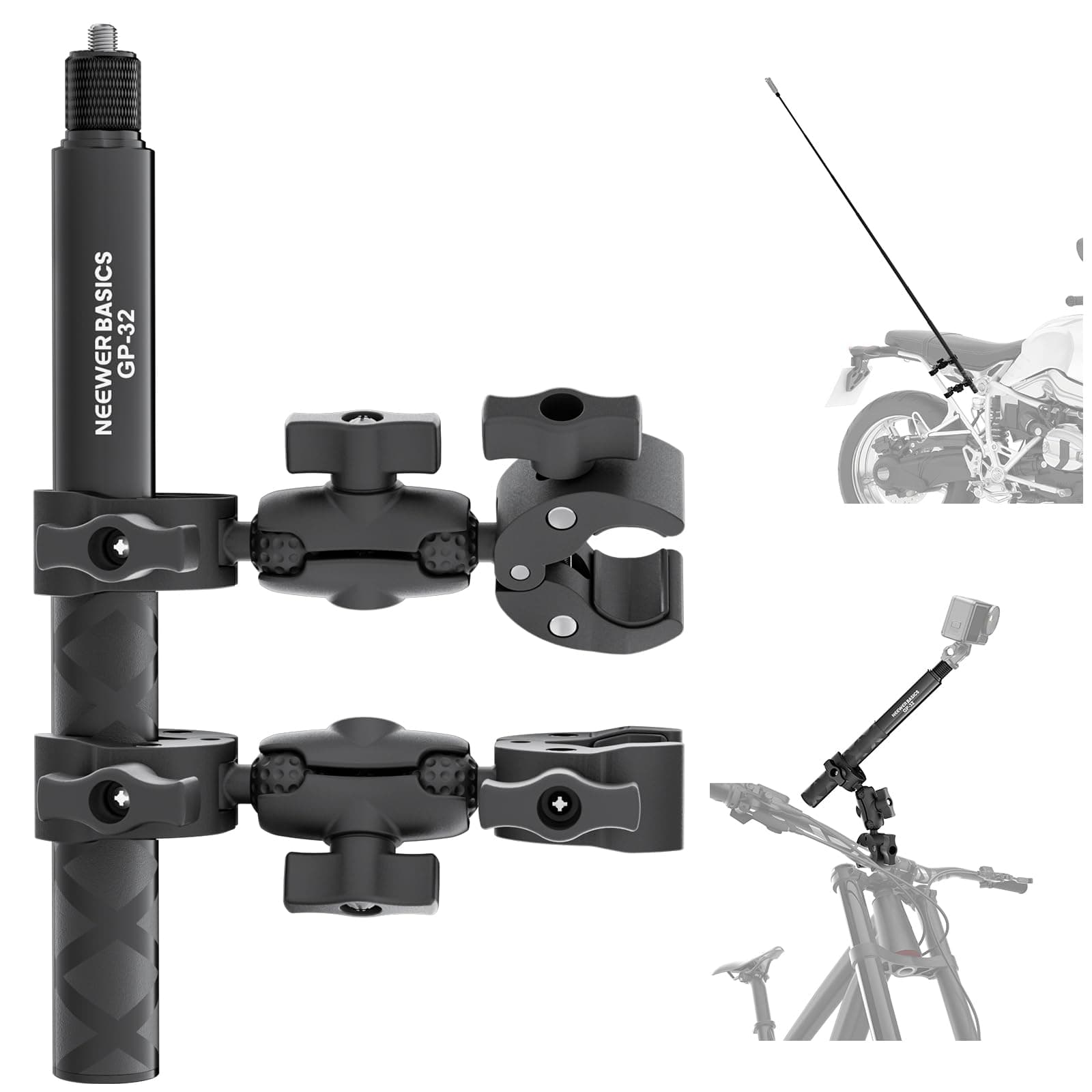NEEWER BASICS Kit Accessori Supporto per Moto Bici, Selfie Stick Invisibile Morsetto da Manubrio Bicicletta Compatibile con Insta360 DJI OSMO 360 Pocket 3 Action Camera per Riprese Video POV, GP-32