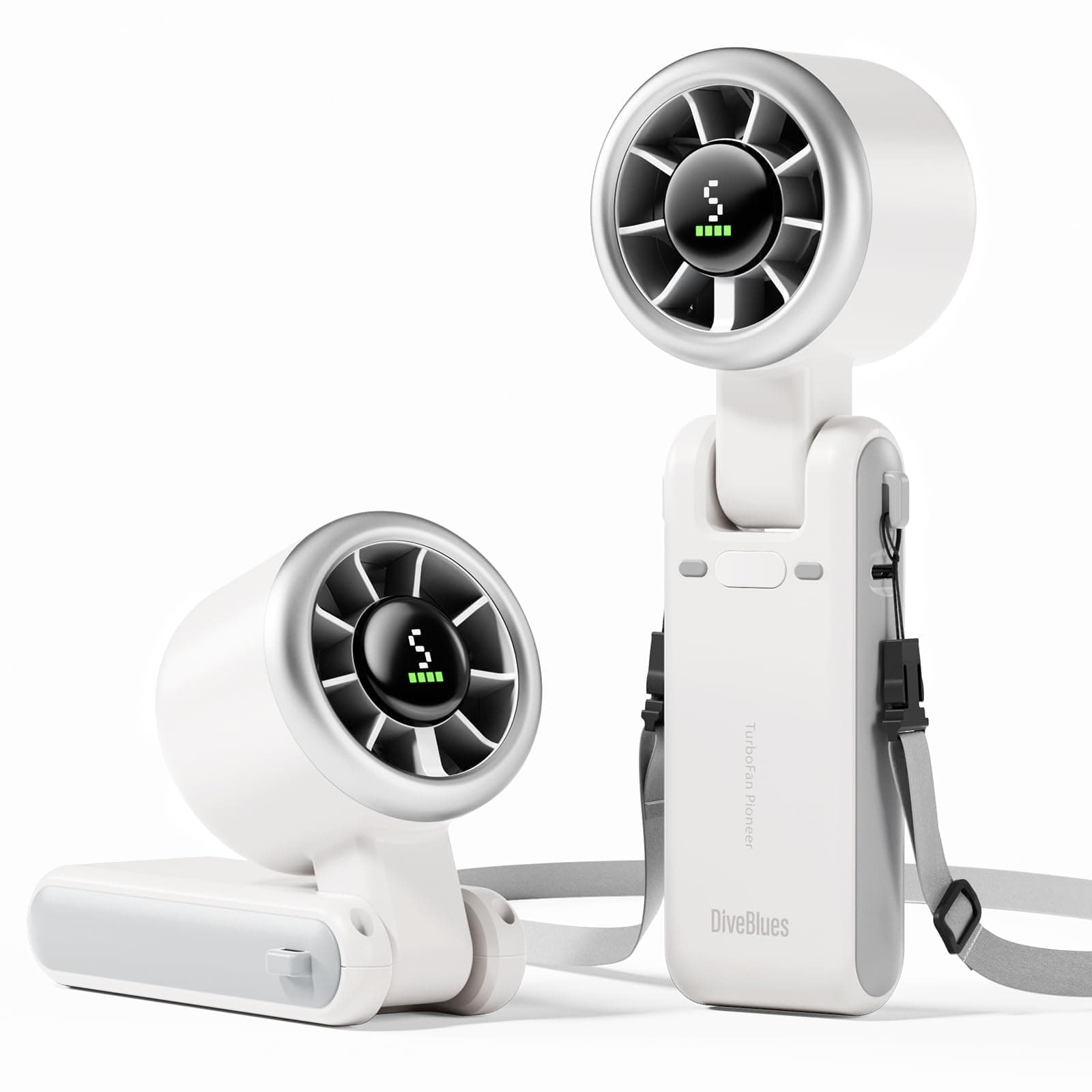 Diveblues Ventilatore Portatile a Mano, Raffreddamento Turbo 10m/s, 5 Velocità, Batteria Ricaricabile, Fino a 12 Ore di Autonomia, Ventilatore da Tavolo e Collo per Esterni, Viaggi, Bianco