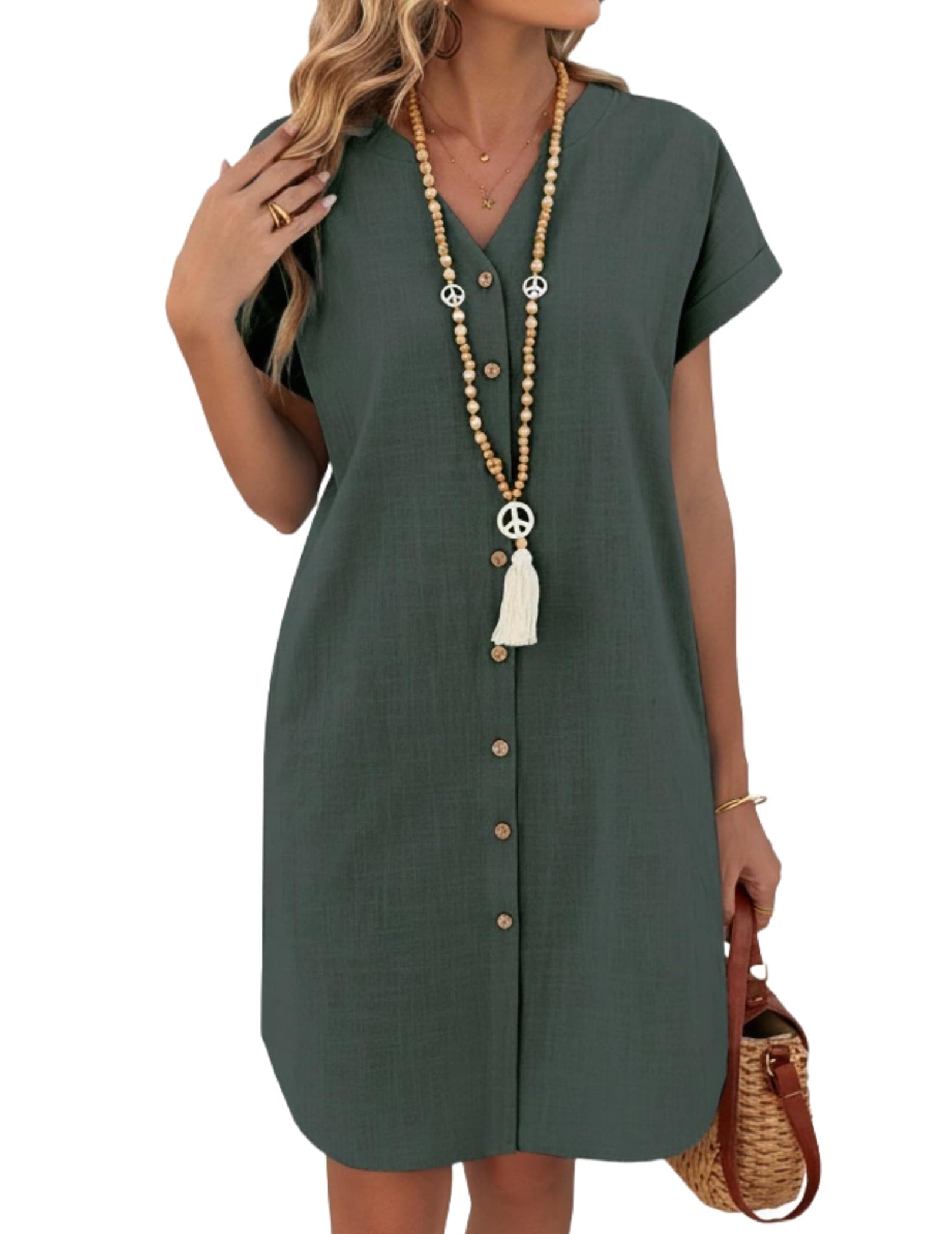 Zeagoo Vestito Donna in Lino Maniche Corte Estivo Vestiti Corto Abito da Spiaggia Abiti a Camicia con Tasche Scollo a V Copricostume S-XXL