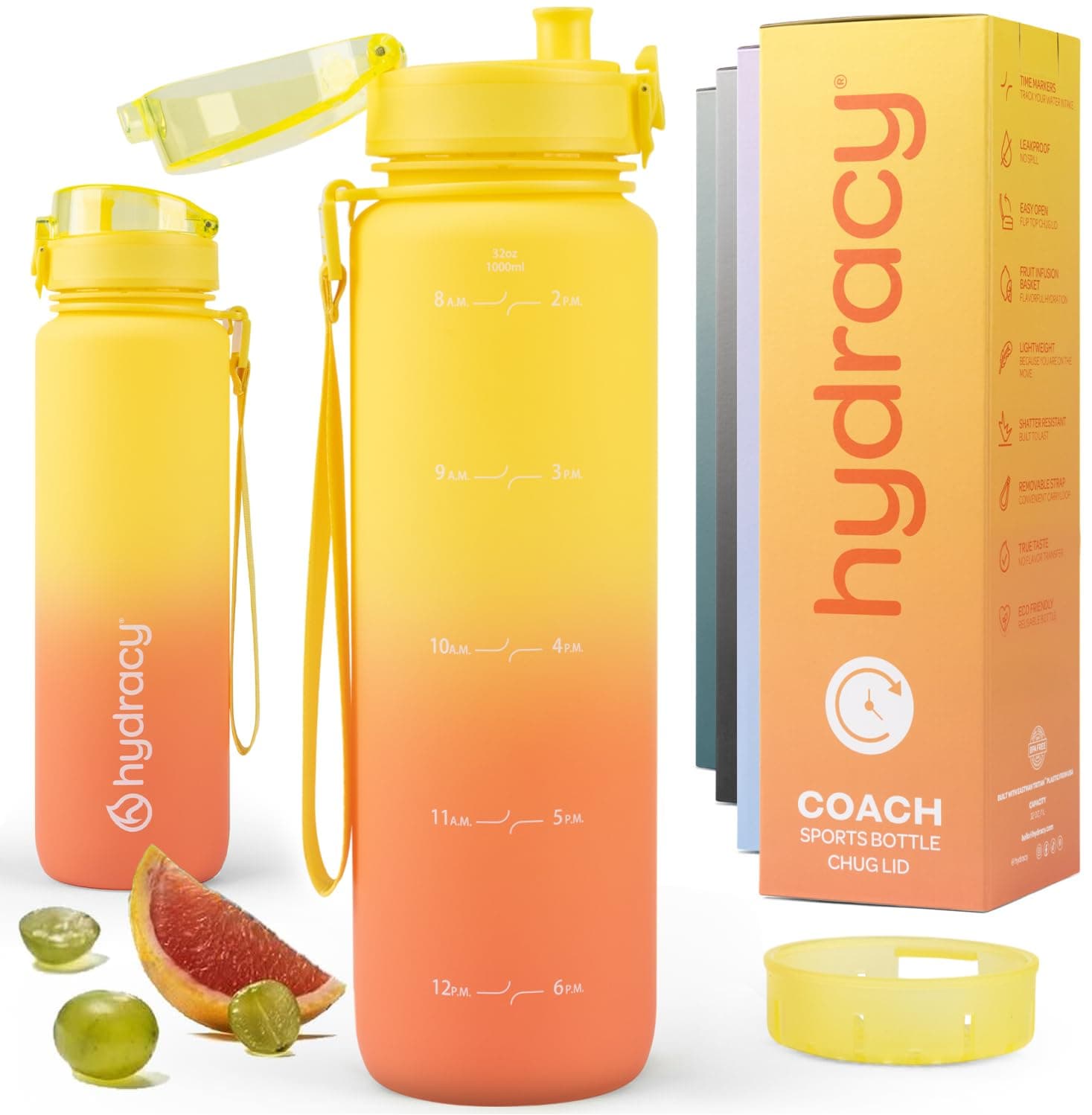 Hydracy Borraccia con indicatore del tempo - Grande bottiglia da 1 litro senza BPA - Borraccia da palestra a prova di perdite con infusore per frutta, filtro e orari per bere - Gradiente Yellow Coral